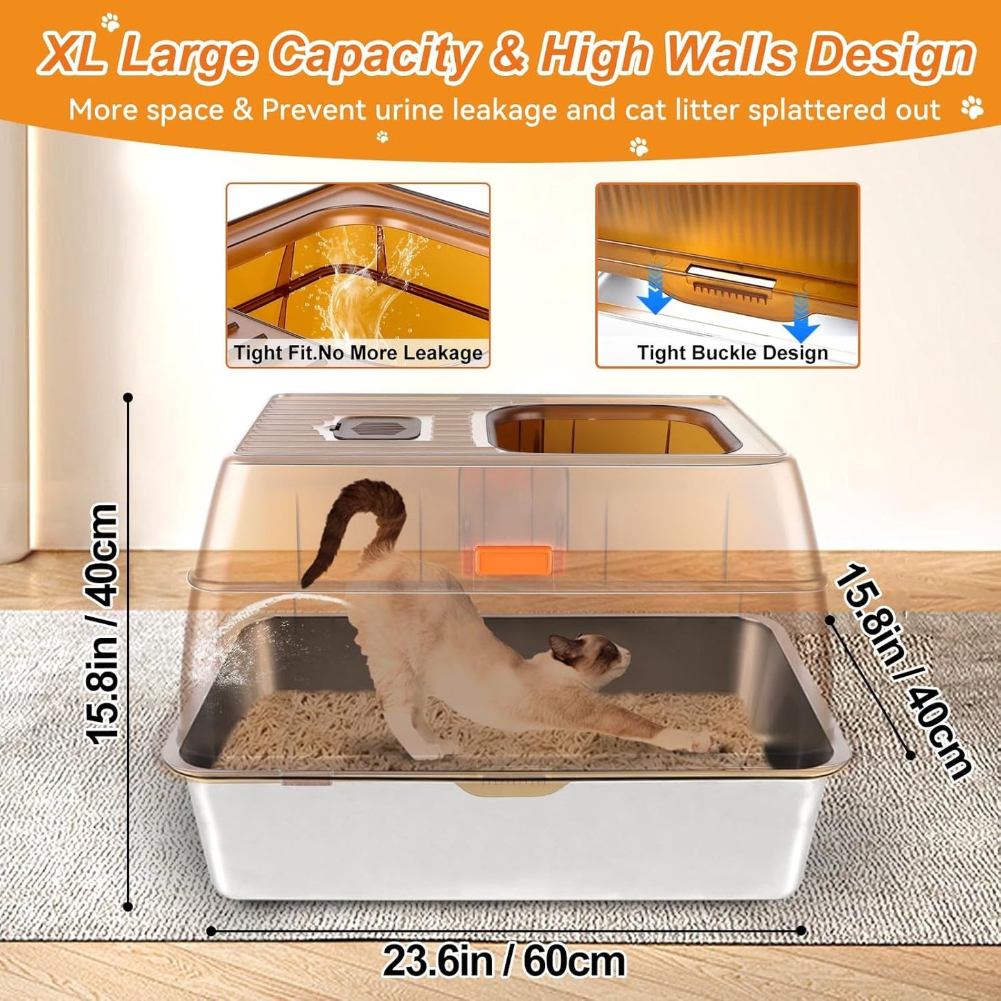 Extra Large Enclosed Removable Stainless Steel Cat Litter Box with Lid