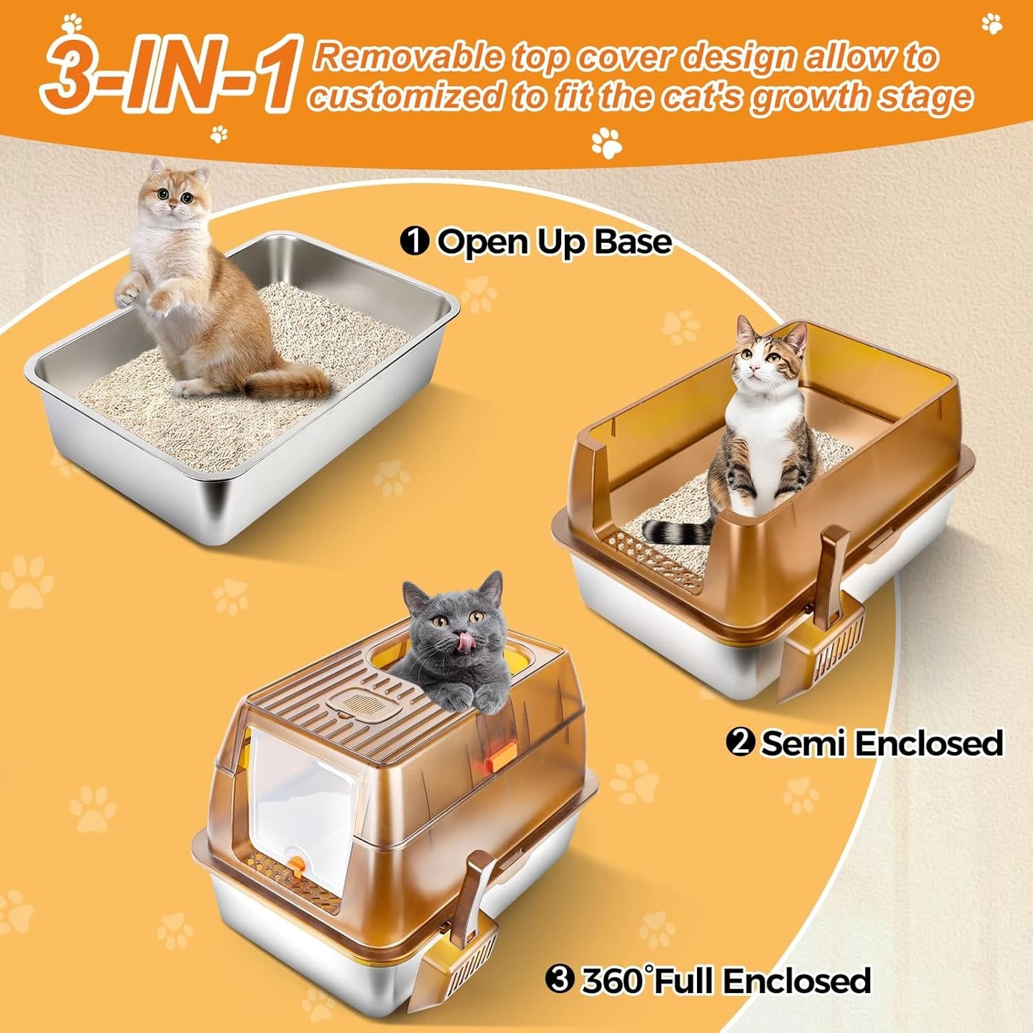 Extra Large Enclosed Removable Stainless Steel Cat Litter Box with Lid