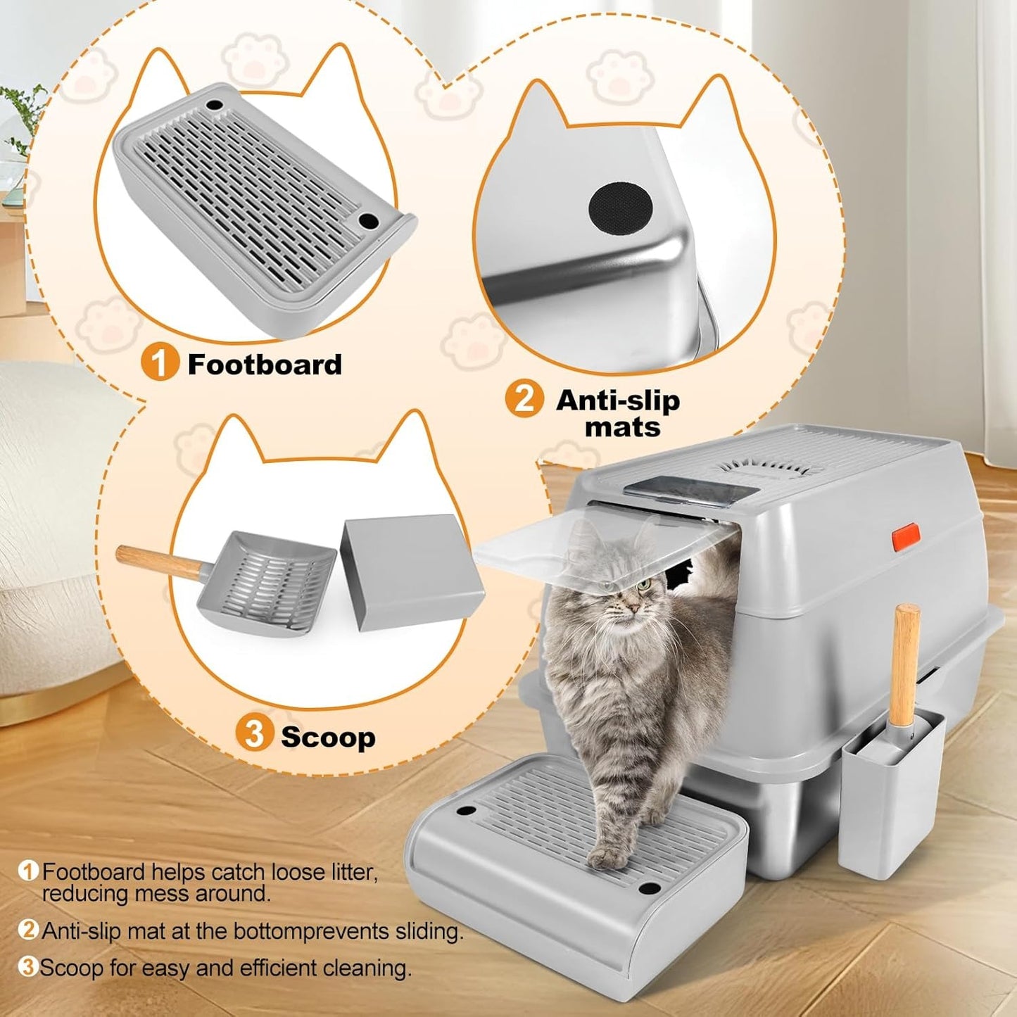 Enclosed Removable Stainless Steel Cat Litter Box with Lid