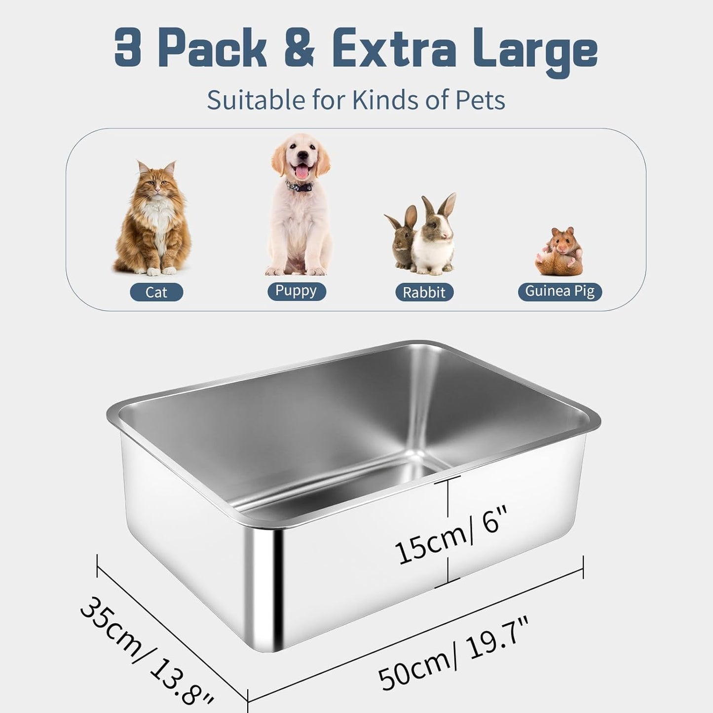 3 Pack Stainless Steel Cat Litter Box with Cat Litter Mat