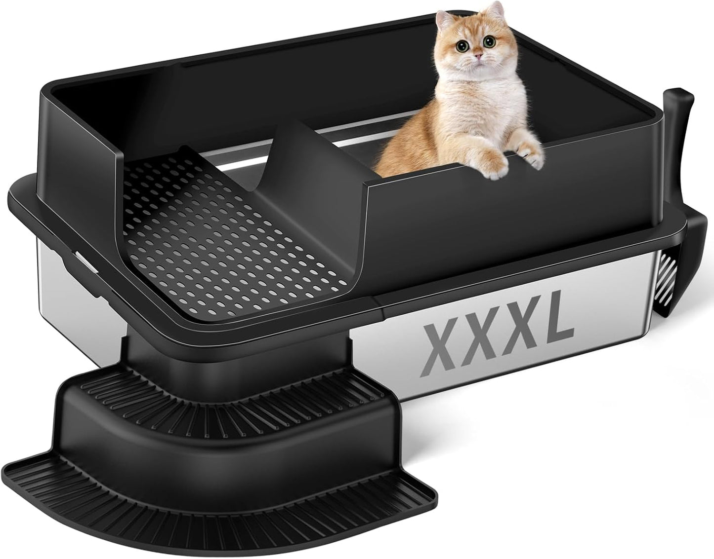 XXXL Black Semi Enclosed Stainless Steel Litter Box with Step