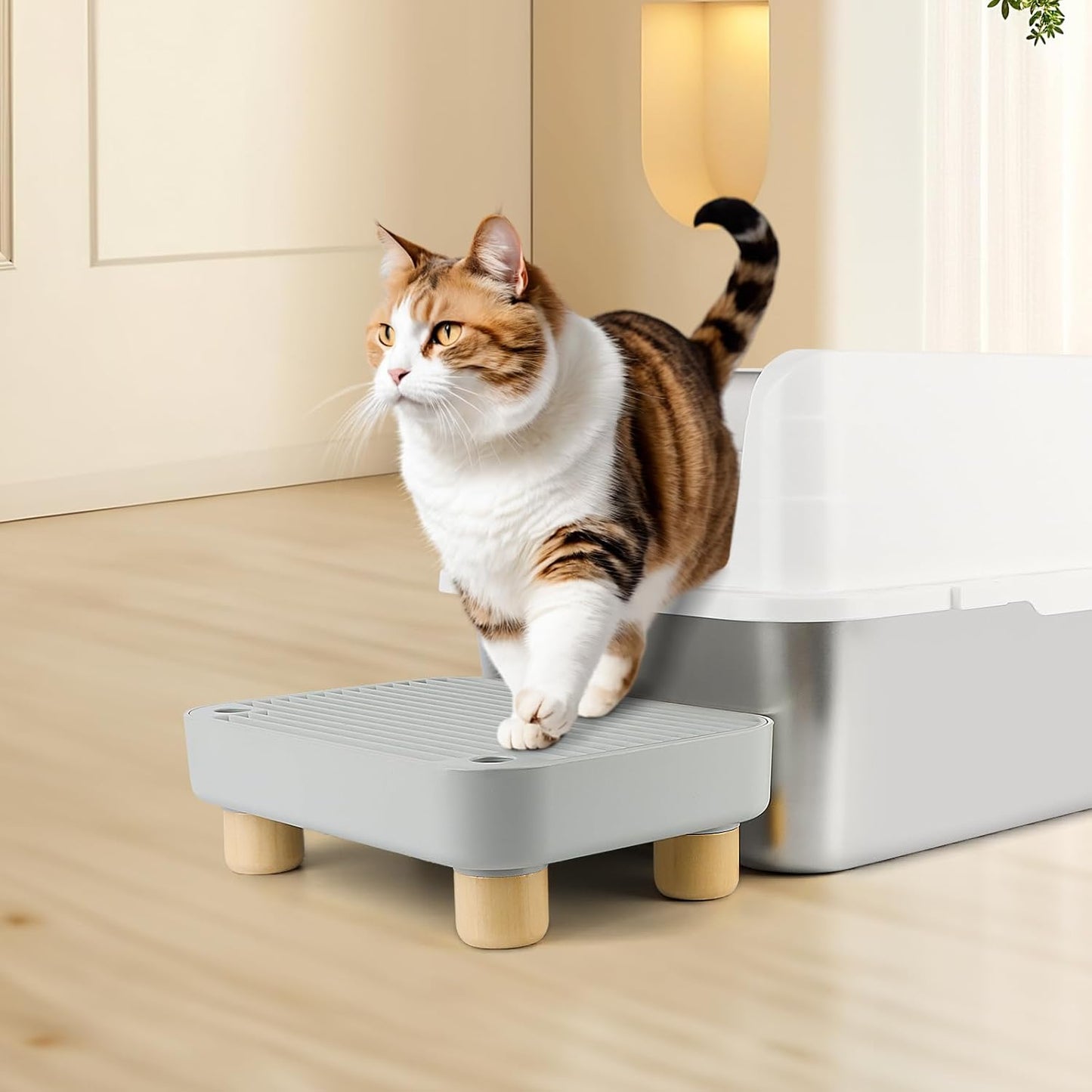 Light Gray Litter Box Step with Wooden Base