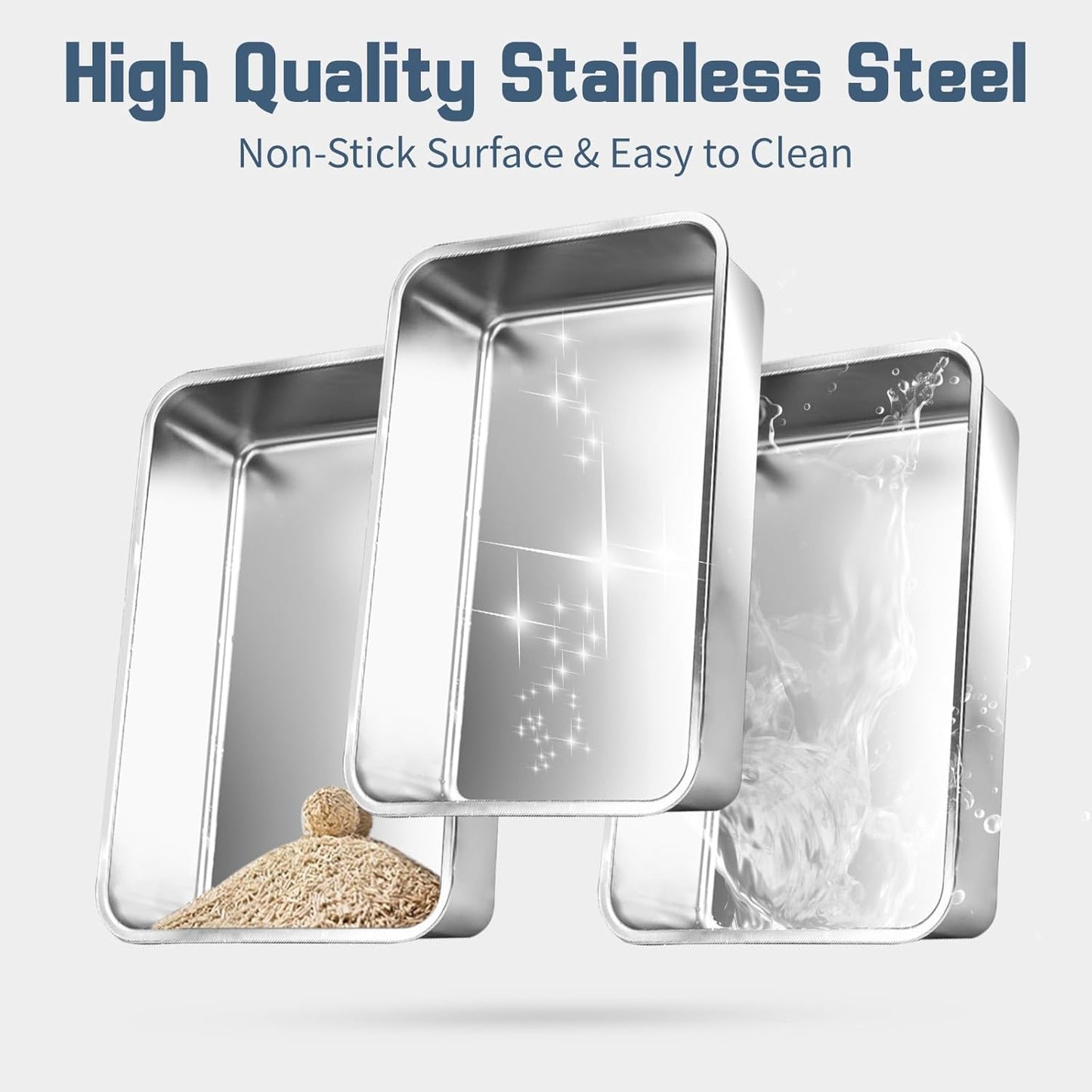 3 Pack Stainless Steel Cat Litter Box with Cat Litter Mat