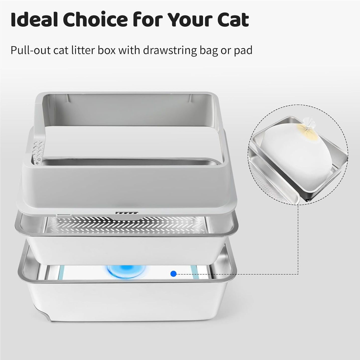 L Silver Grey Stainless Steel Drawer Type Semi-Enclosed Cat Litter Box