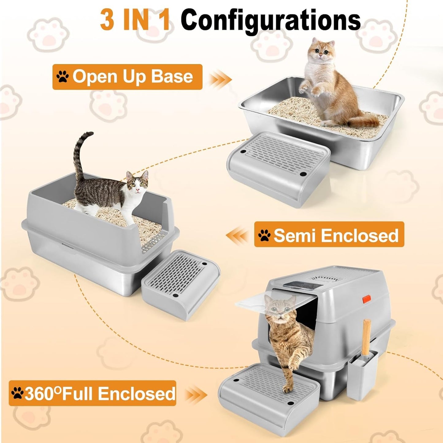 Enclosed Removable Stainless Steel Cat Litter Box with Lid