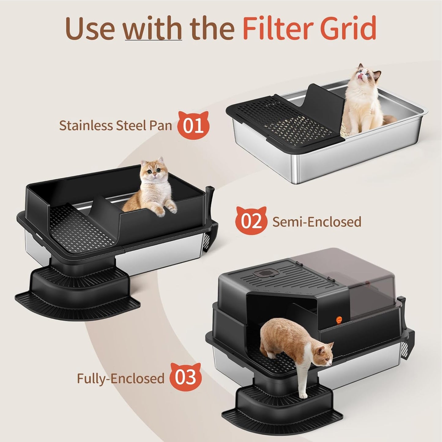 XXXL Black Fully Enclosed Stainless Steel Litter Box with Step