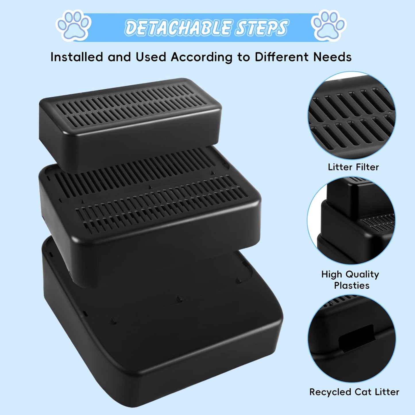 Black Adjustable 3 Steps Litter Box Ramp Step