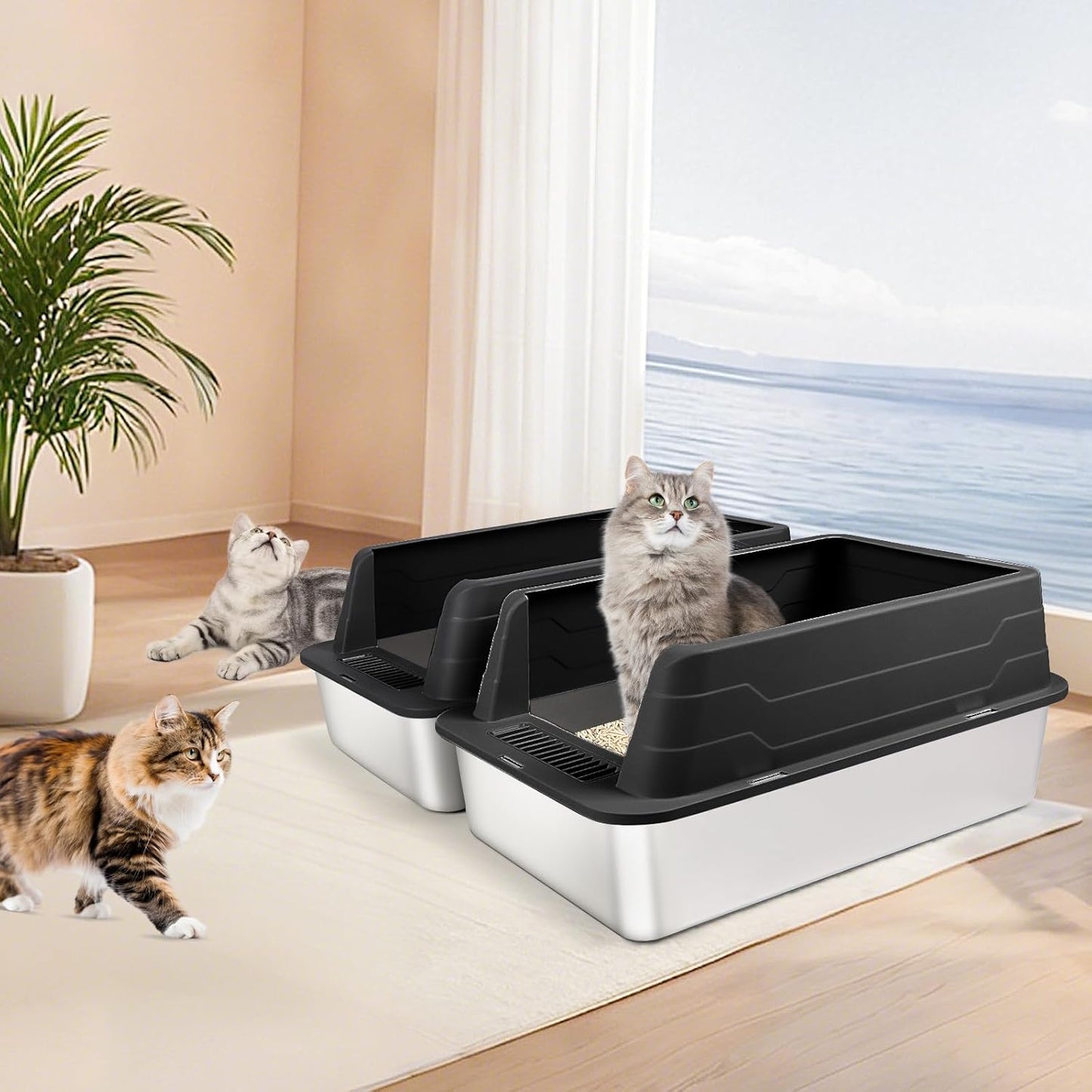 XL 2 Pack Black Stainless Steel Litter Box