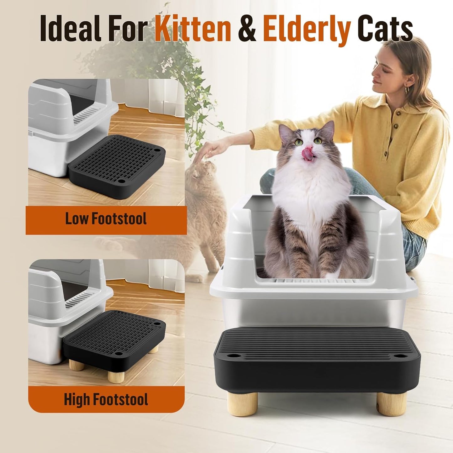Black Litter Box Step with Wooden Base