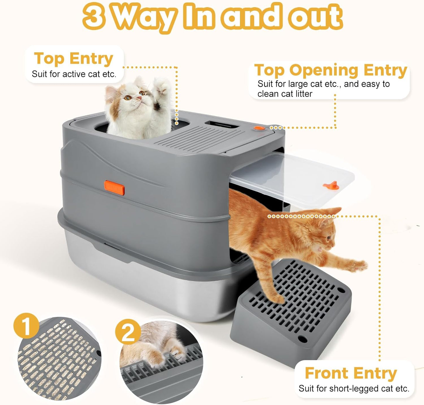 XXL Stainless Steel Litter Box with 180° Flip-Top Lid
