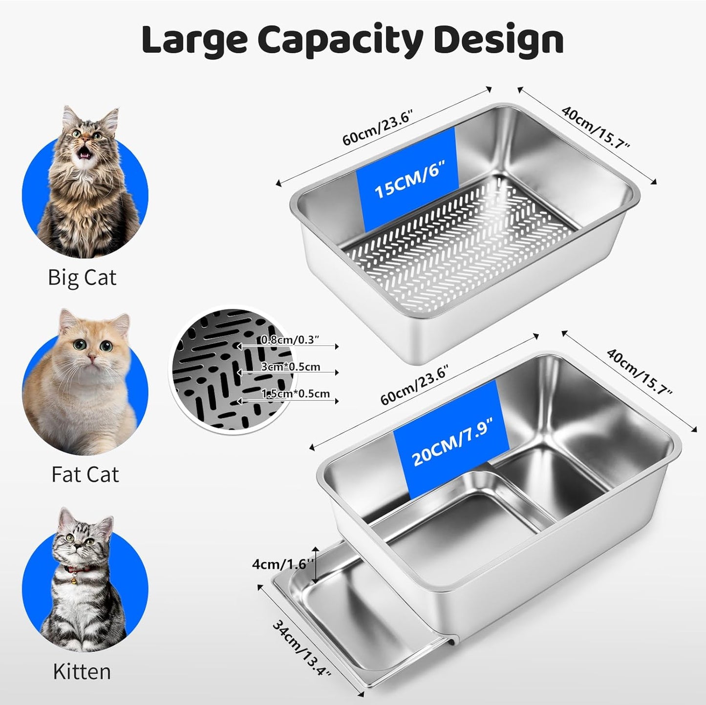 L Silver Grey Stainless Steel Drawer Type Semi-Enclosed Cat Litter Box