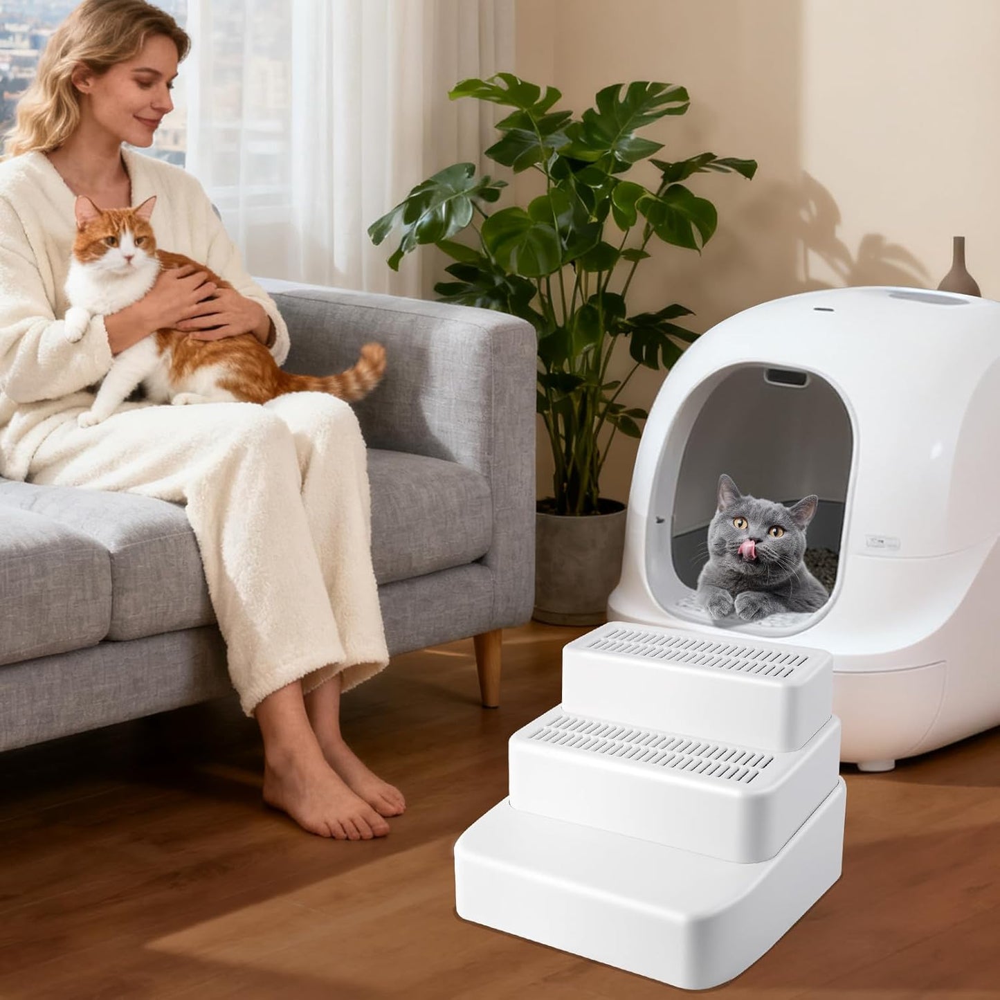 White Adjustable 3 Steps Litter Box Ramp Step