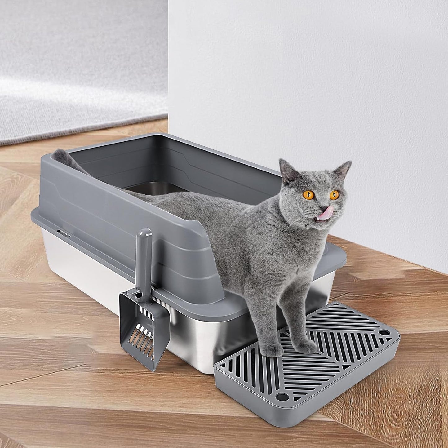 XL Dark Gray Stainless Steel Litter Box with Filter Pedal