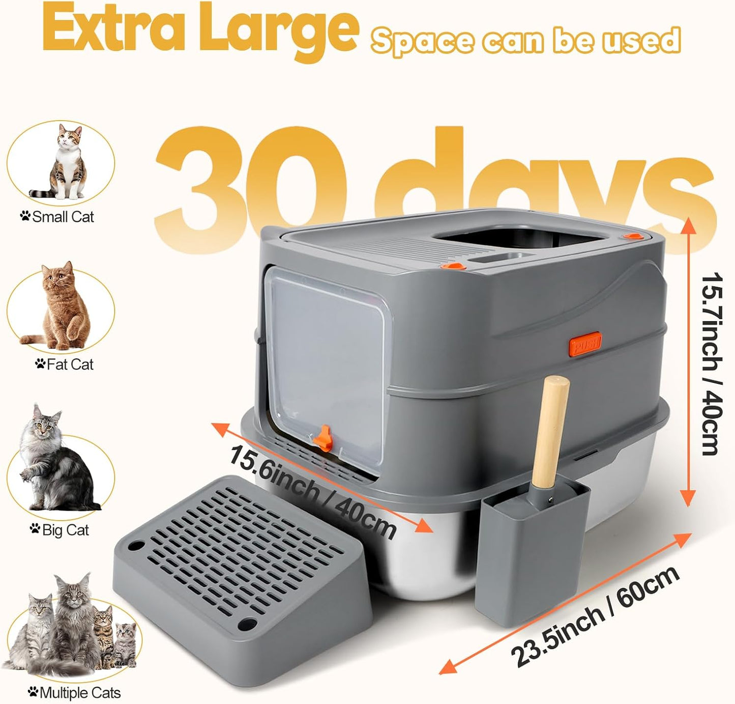 XXL Stainless Steel Litter Box with 180° Flip-Top Lid