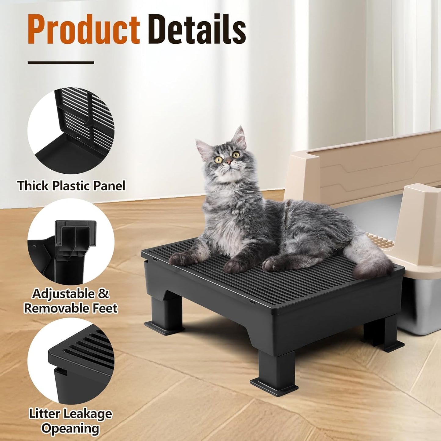 Black Adjustable Cat Litter Box Step Ramp with Removable feet