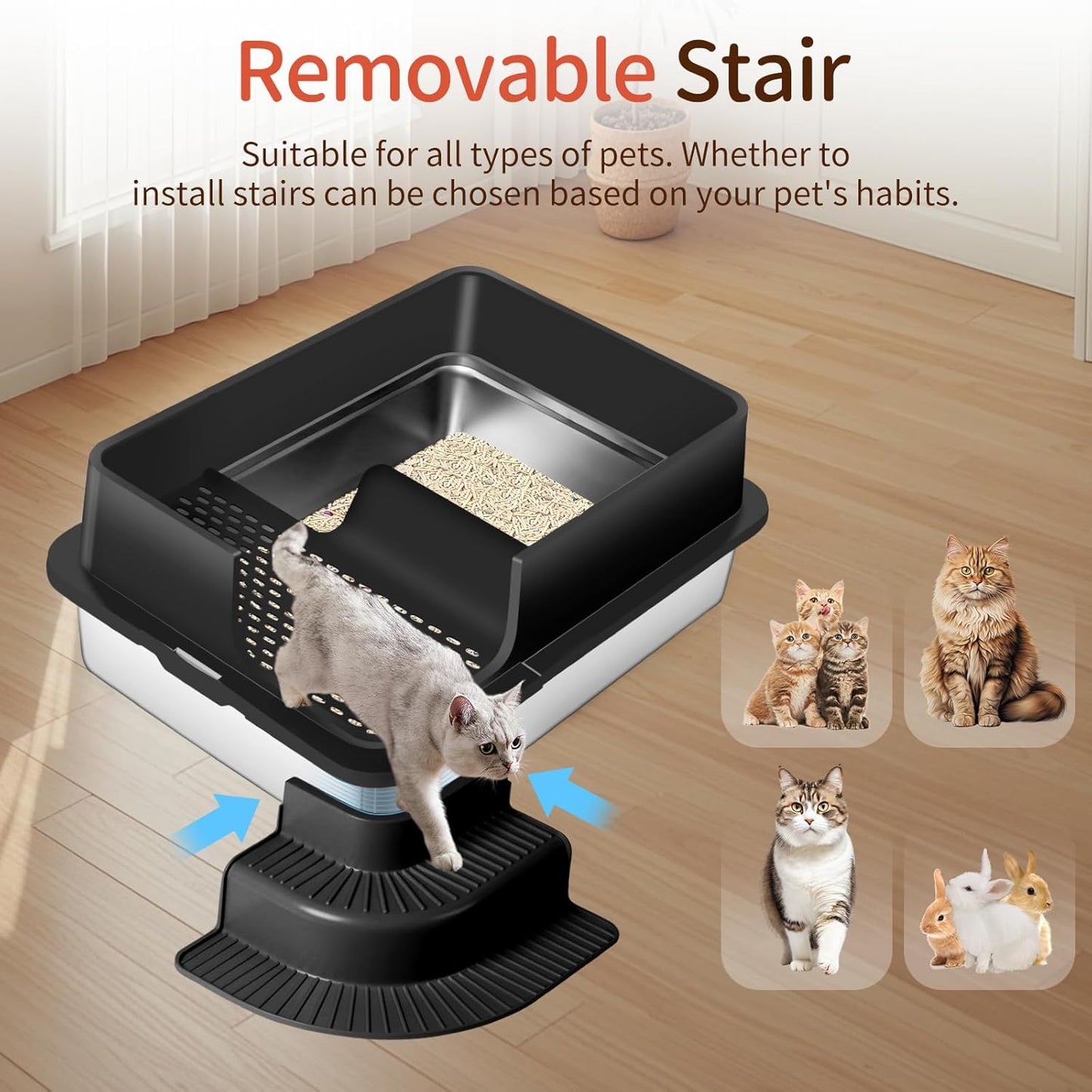 XXXL Black Semi Enclosed Stainless Steel Litter Box with Step