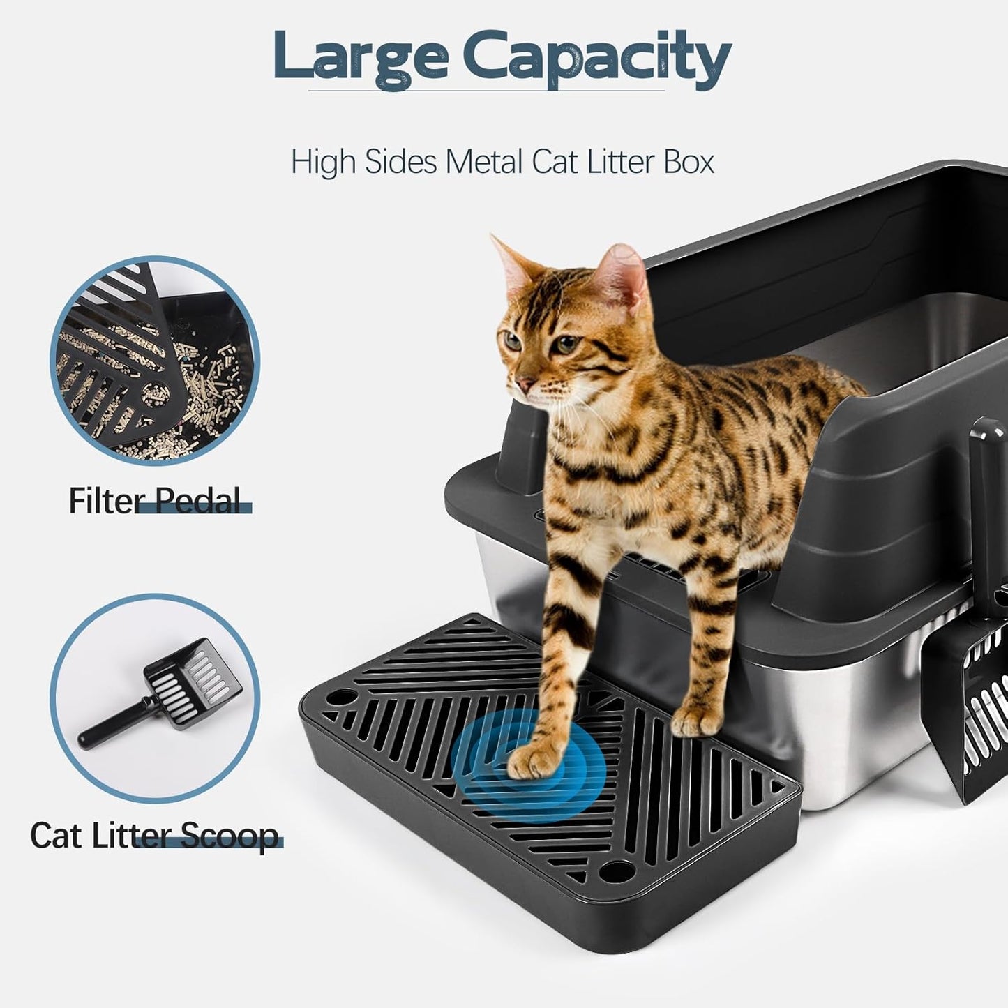 XL 3 Pack Black Stainless Steel Litter Box with Filter Pedal