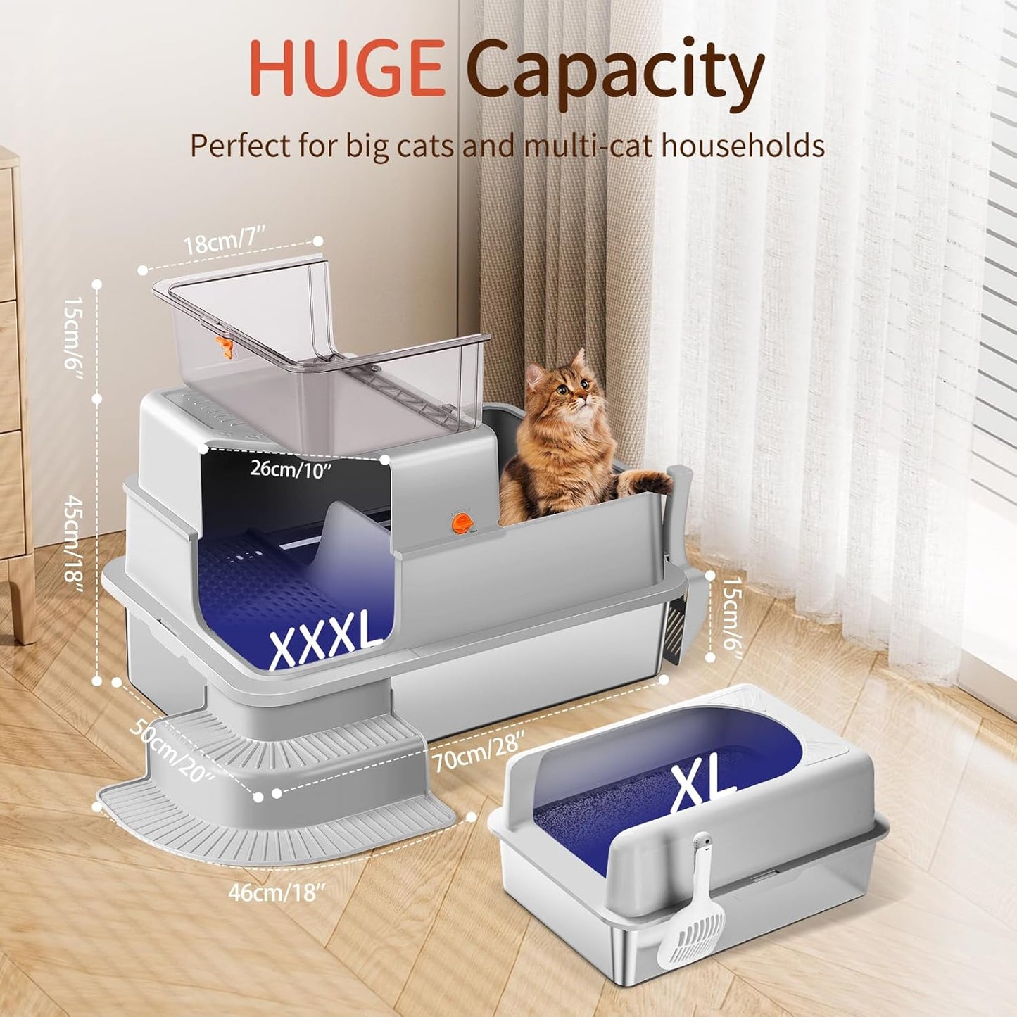 XXXL Light Gray Fully Enclosed Stainless Steel Litter Box with Step