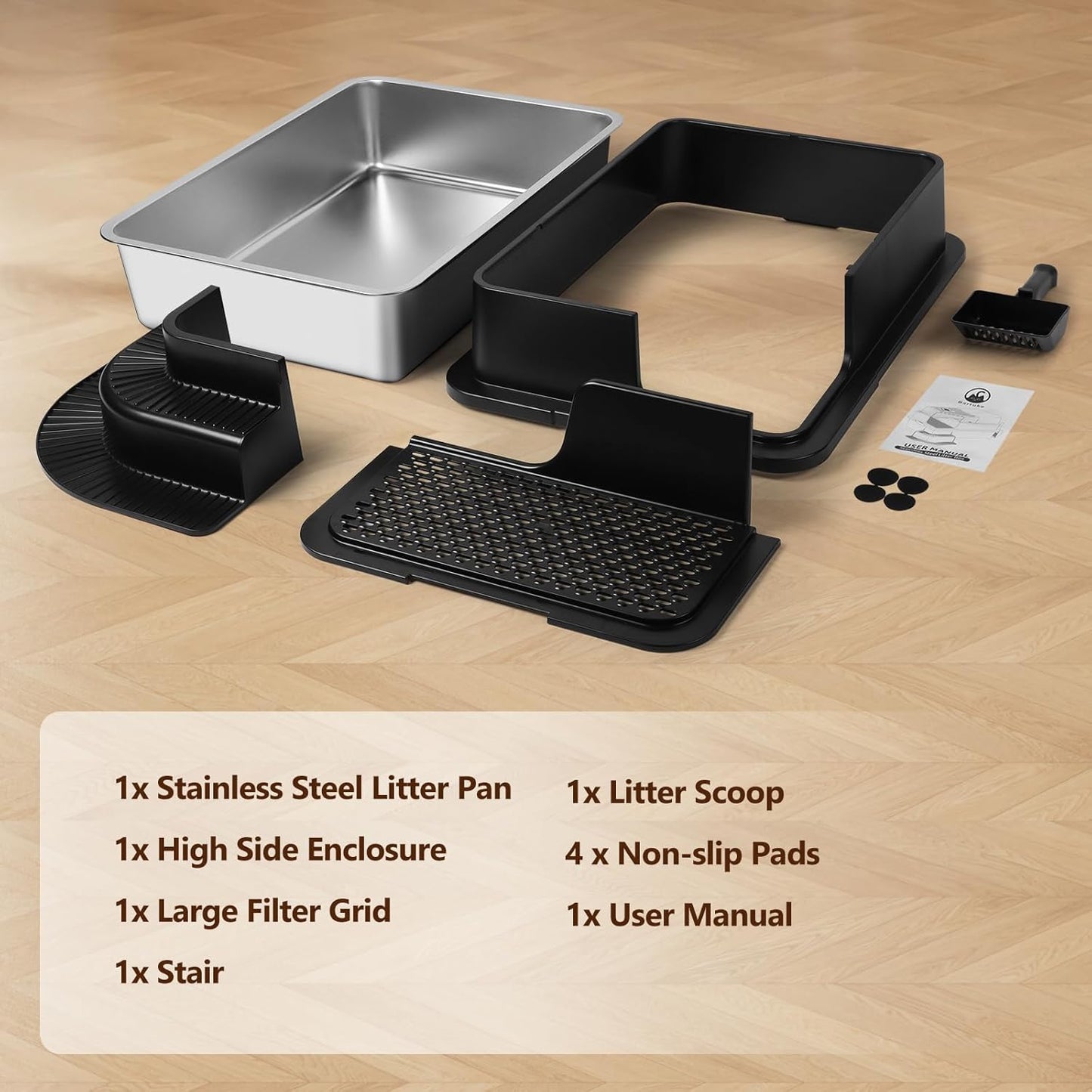 XXXL Black Semi Enclosed Stainless Steel Litter Box with Step