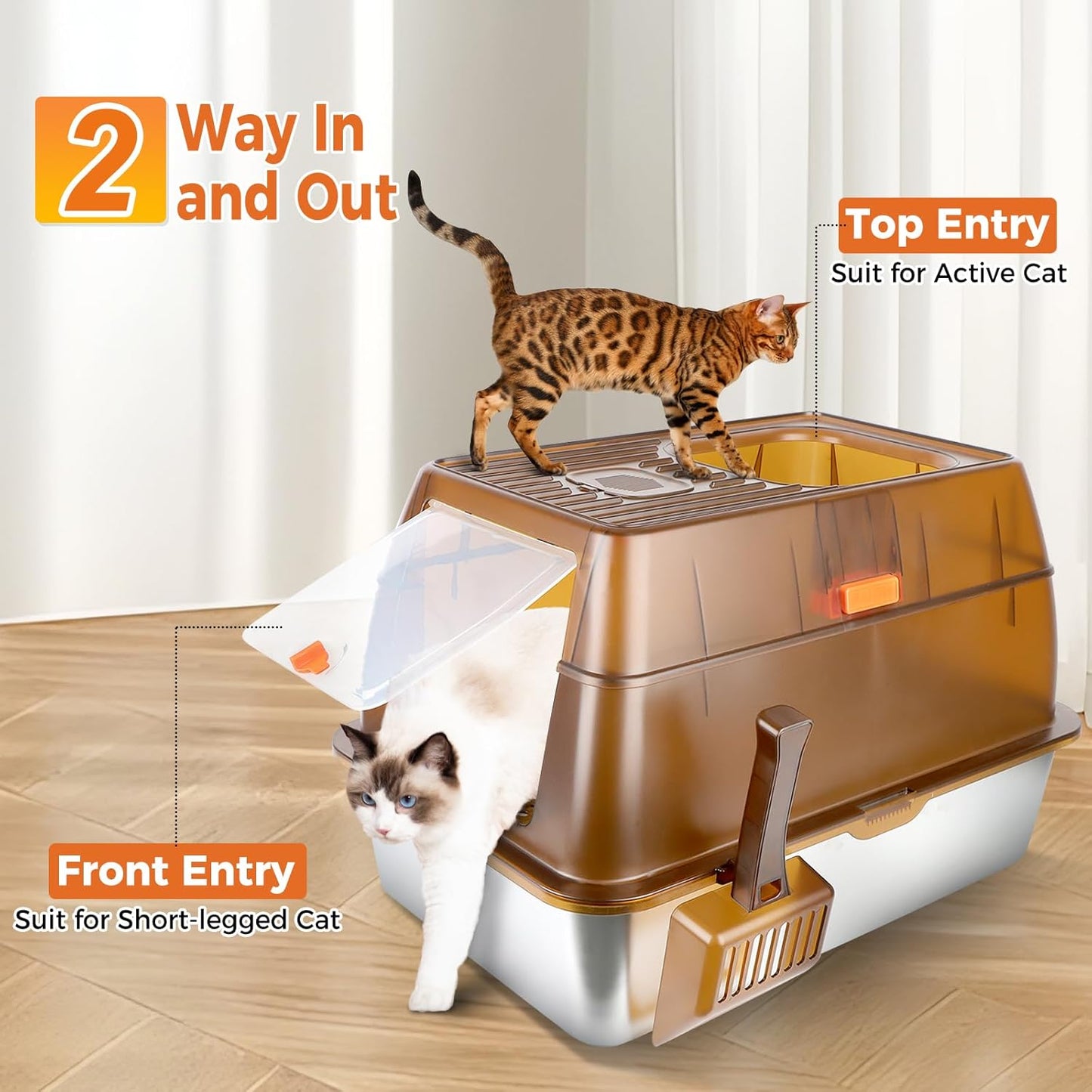 XXL Brown Fully Enclosed Stainless Steel Cat Litter Box with Removable Lid
