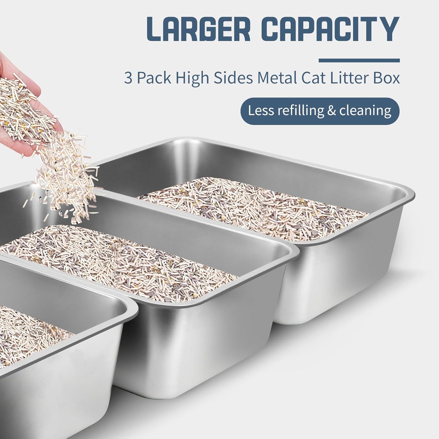 3 Pack Stainless Steel Cat Litter Box with Cat Litter Mat