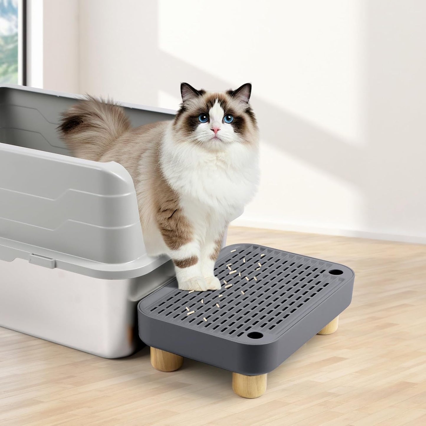 Dark Gray Litter Box Step with Wooden Base