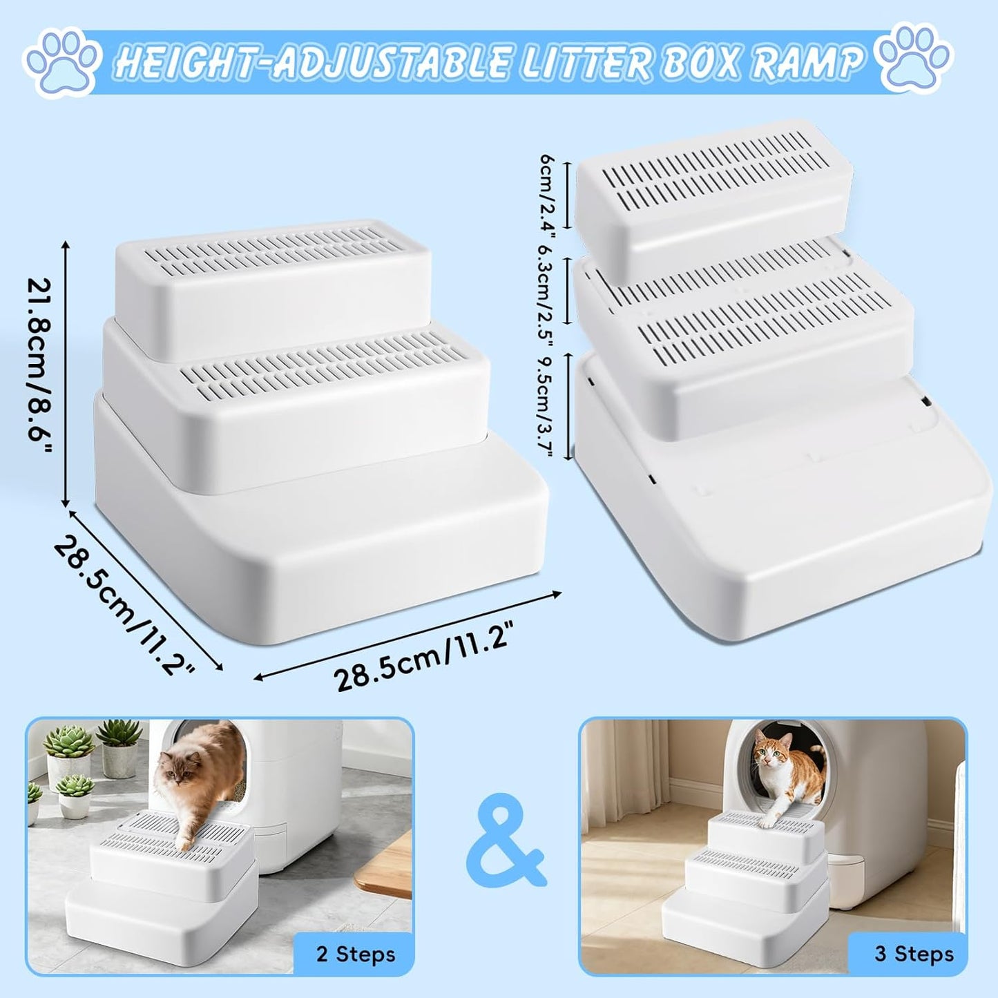 White Adjustable 3 Steps Litter Box Ramp Step