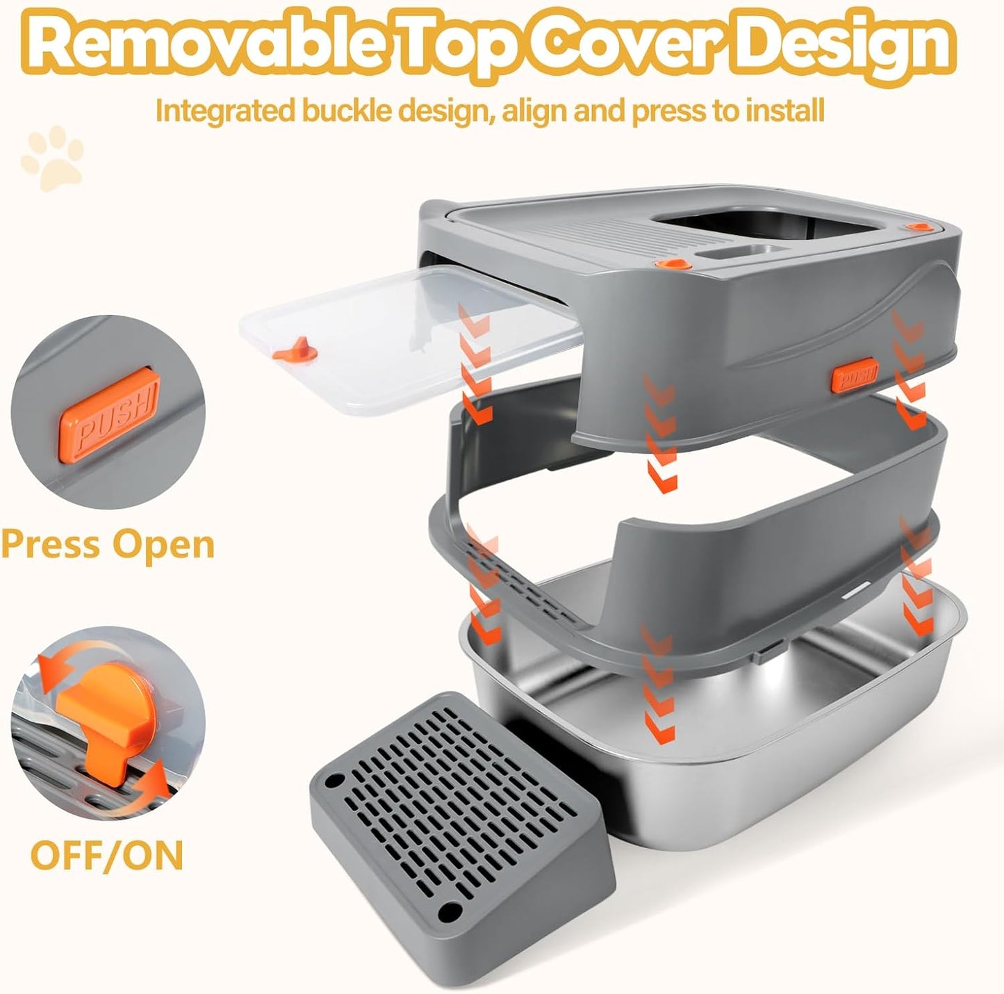 XXL Stainless Steel Litter Box with 180° Flip-Top Lid