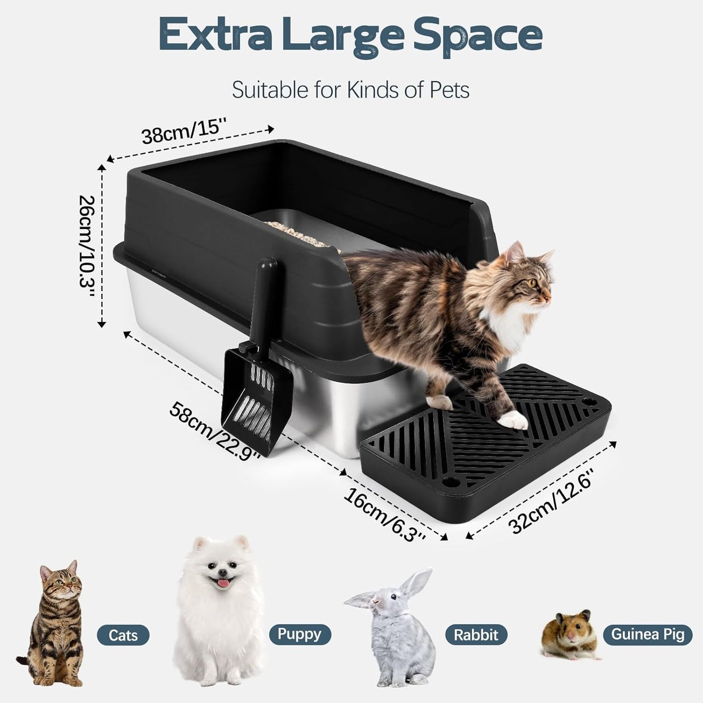 XL 3 Pack Black Stainless Steel Litter Box with Filter Pedal