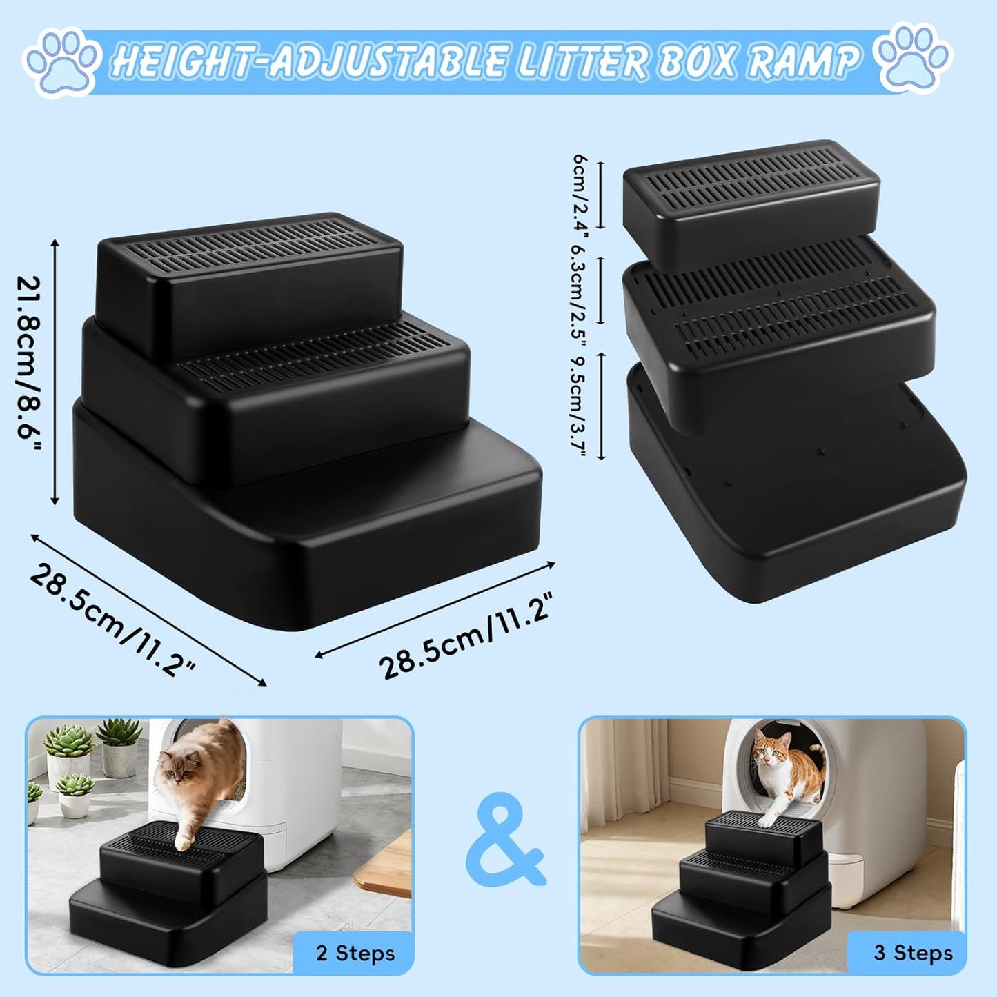 Black Adjustable 3 Steps Litter Box Ramp Step