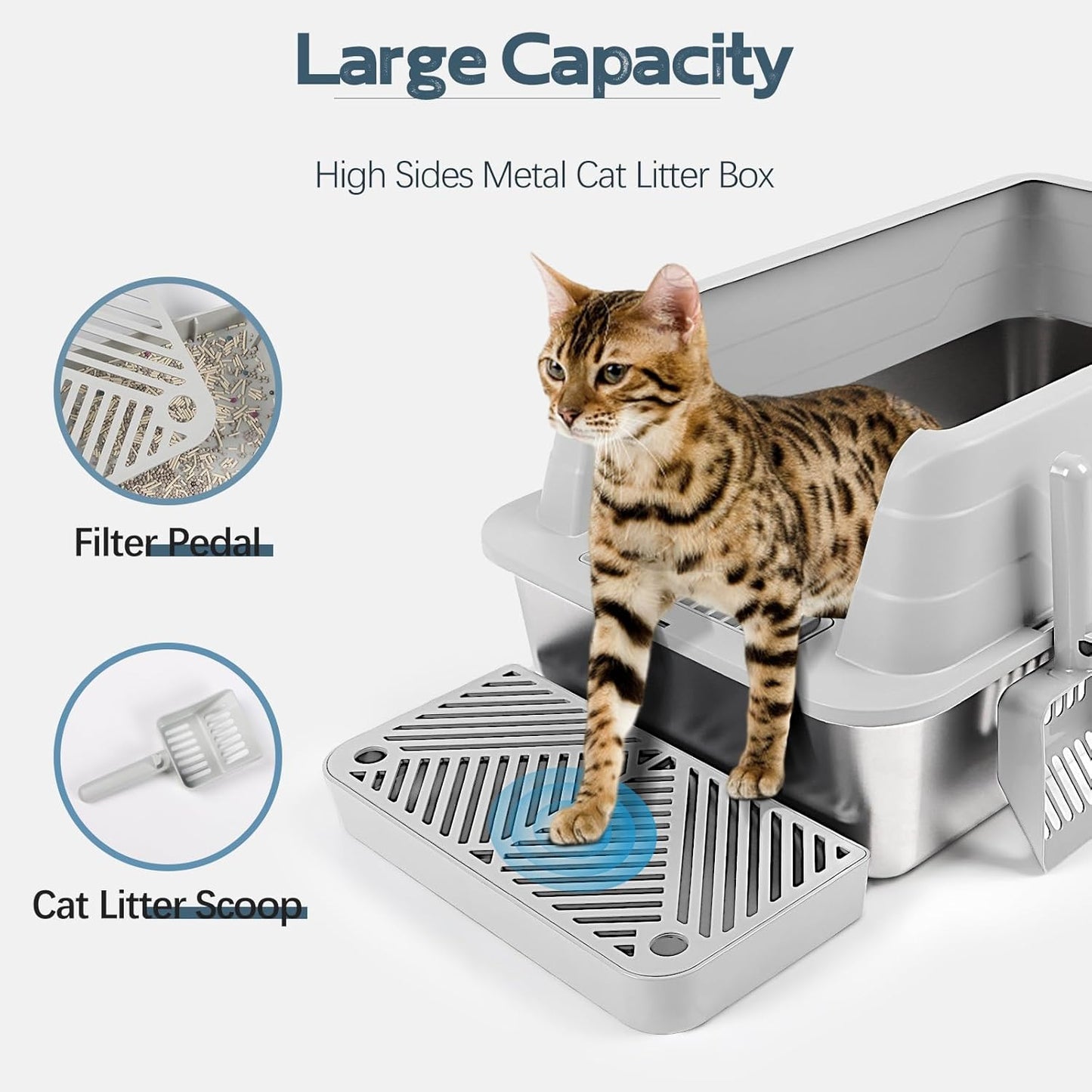 XL 3 Pack Light Gray Stainless Steel Litter Box with Filter Pedal
