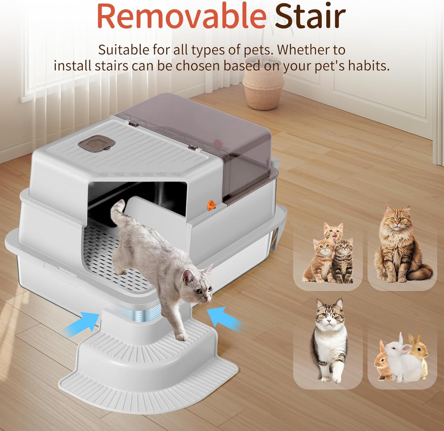 XXXL Light Gray Fully Enclosed Stainless Steel Litter Box with Step