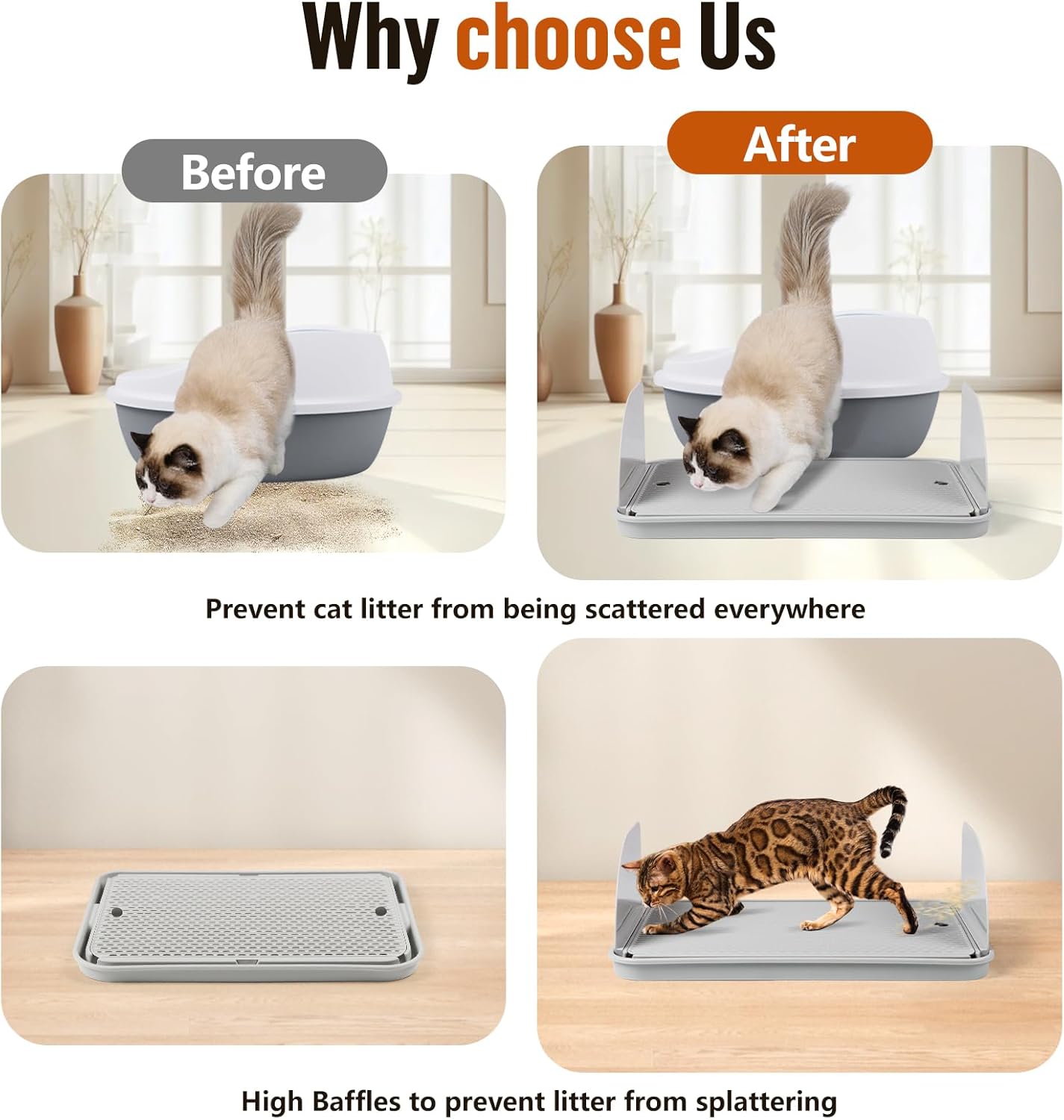Light Gray Cat Litter Box Step with Removable Splash-Proof Baffles
