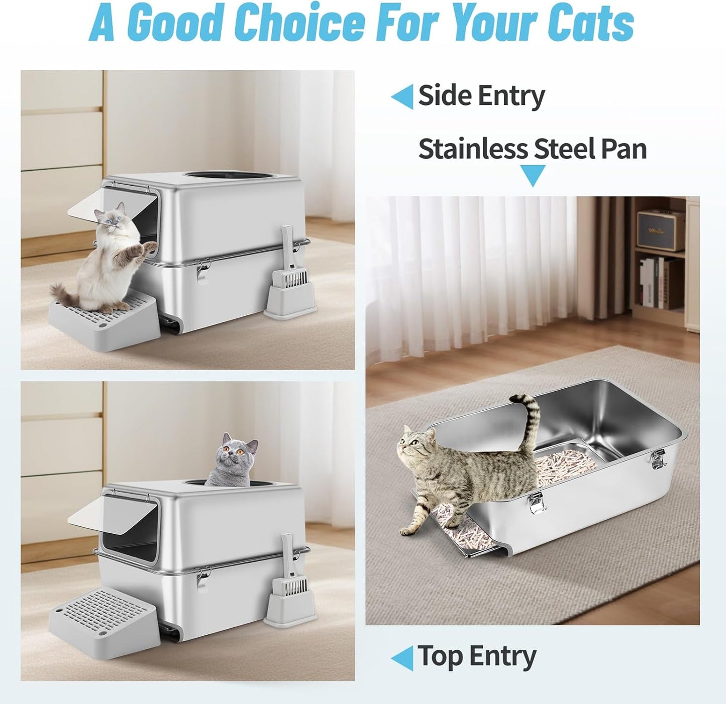 XXL Stainless Steel Litter Box with Pull-Out Drawer