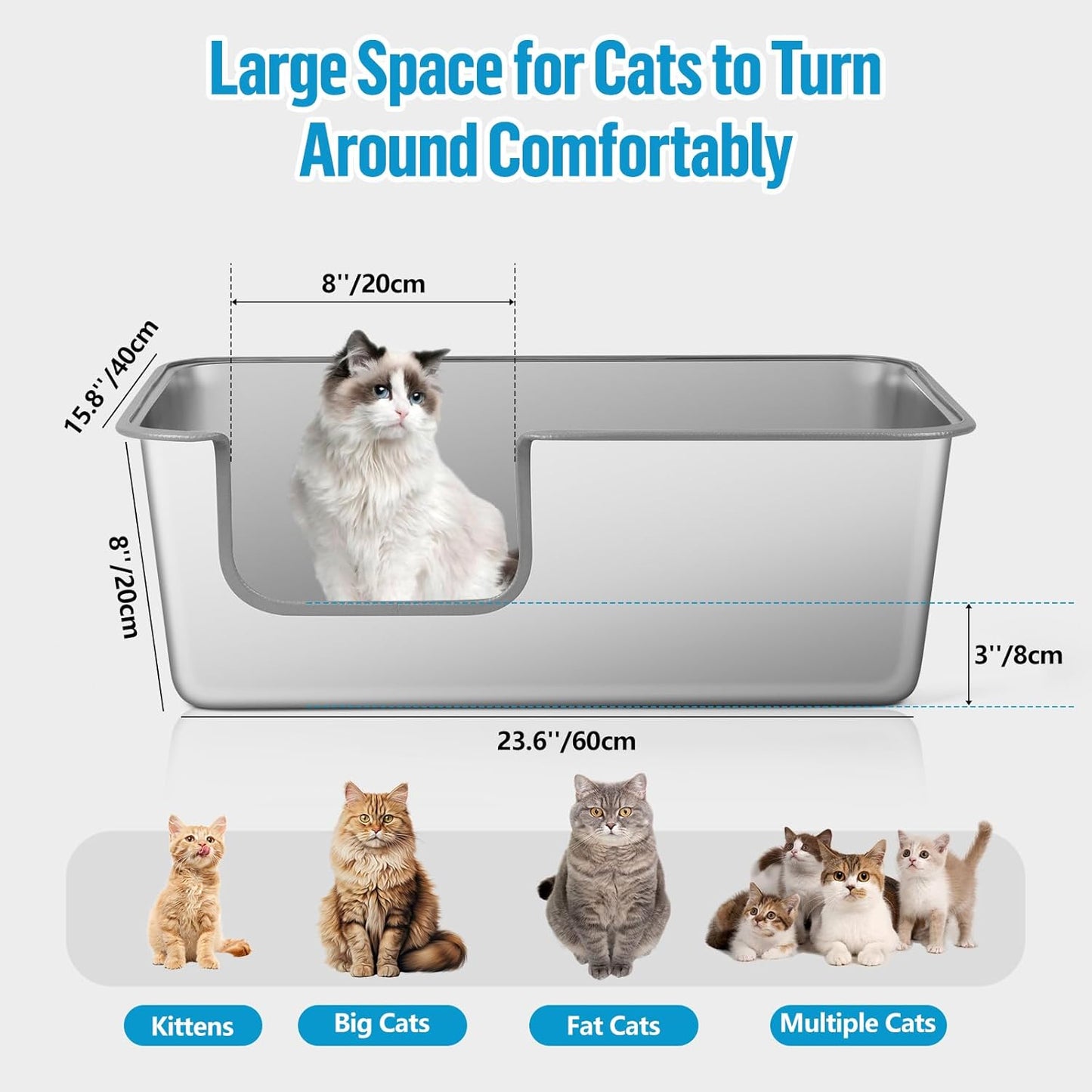 XXL Semi Enclosed Stainless Steel Cat Litter Box with High Sided Enclosure