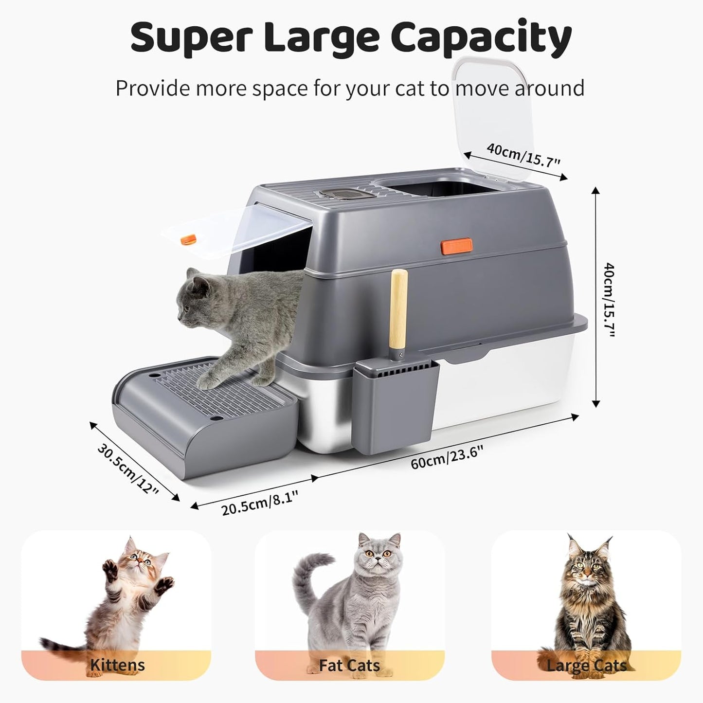 XXL Dark Gray Stainless Steel Litter Box with Lid with Top Entry
