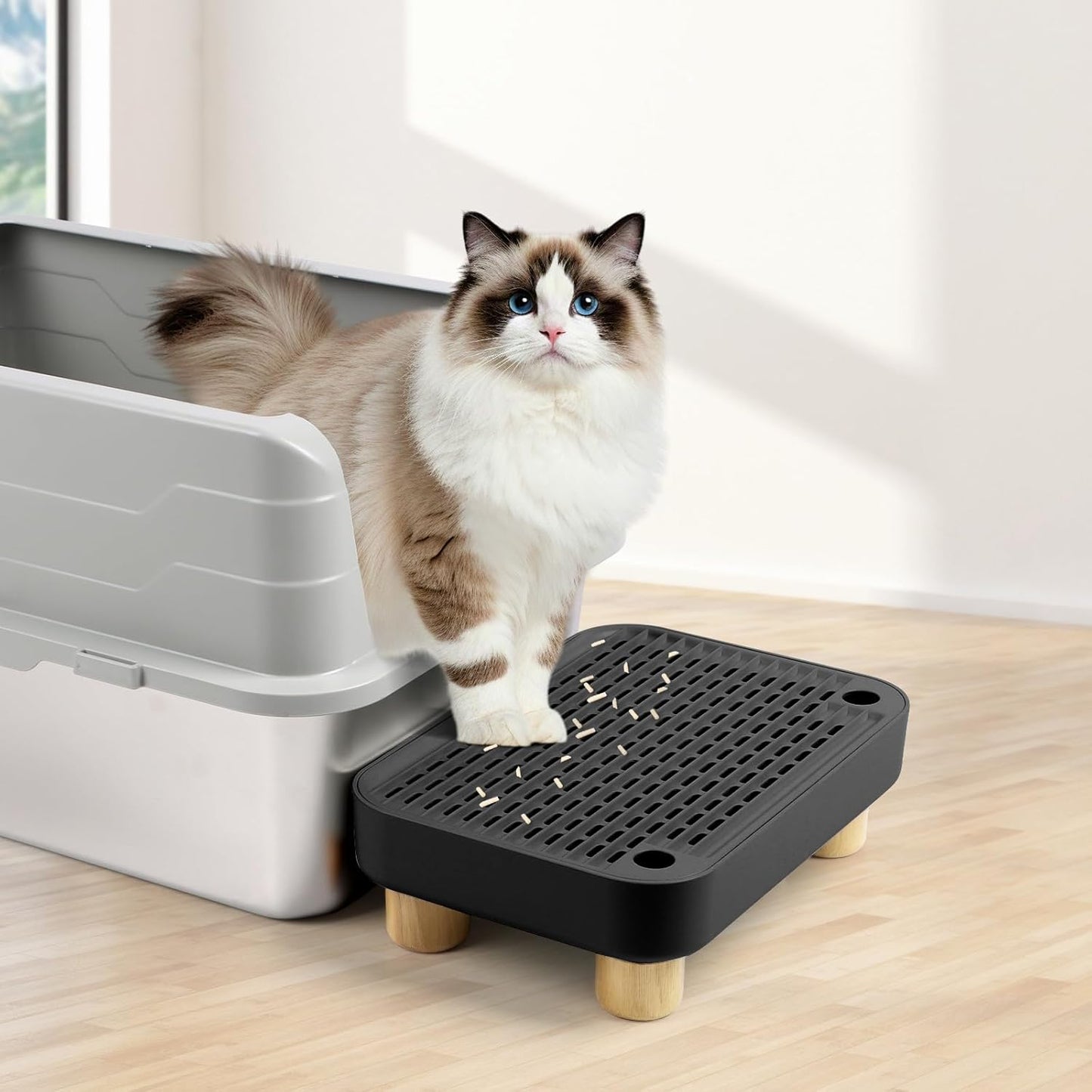 Black Litter Box Step with Wooden Base