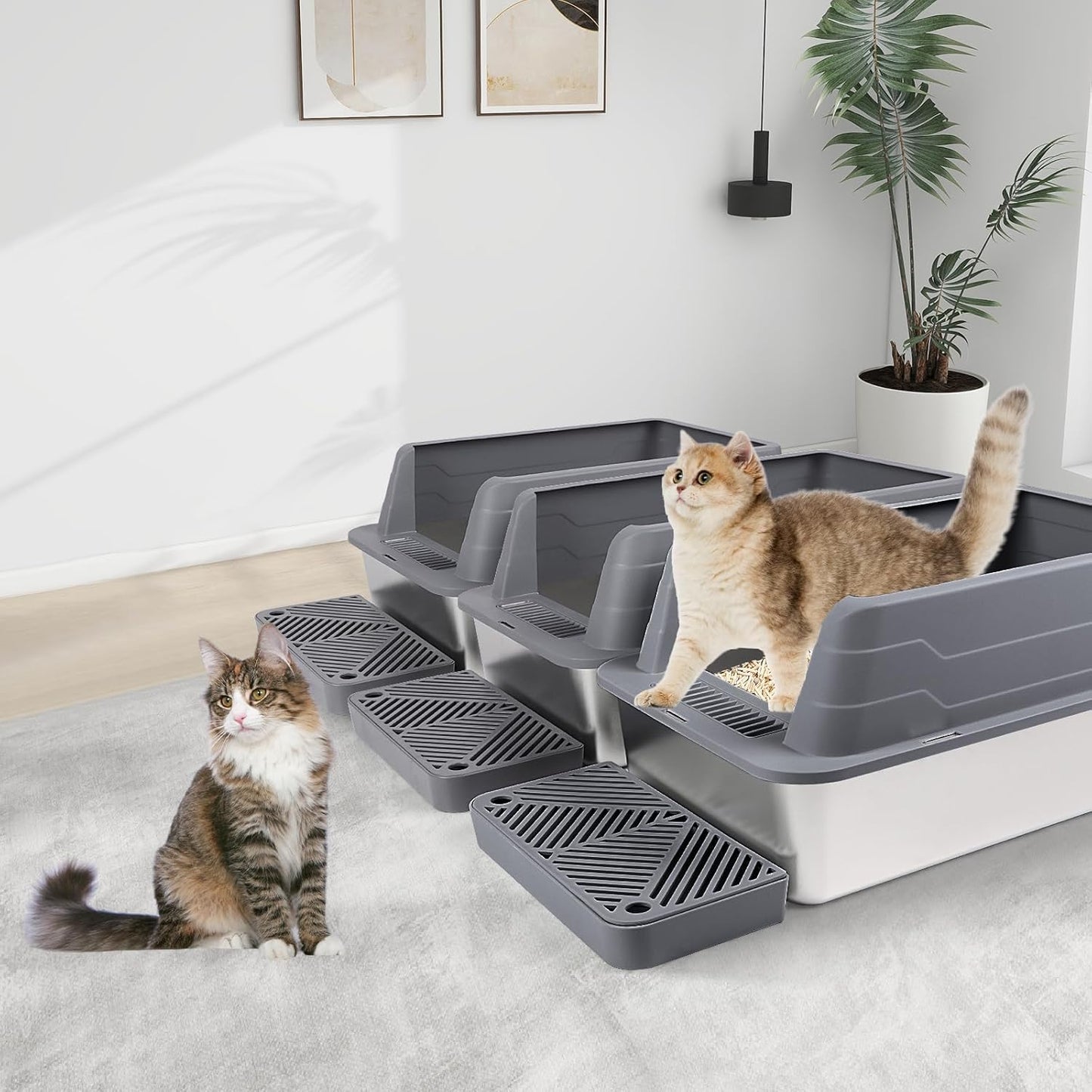 XL 3 Pack Dark Gray Stainless Steel Litter Box with Filter Pedal