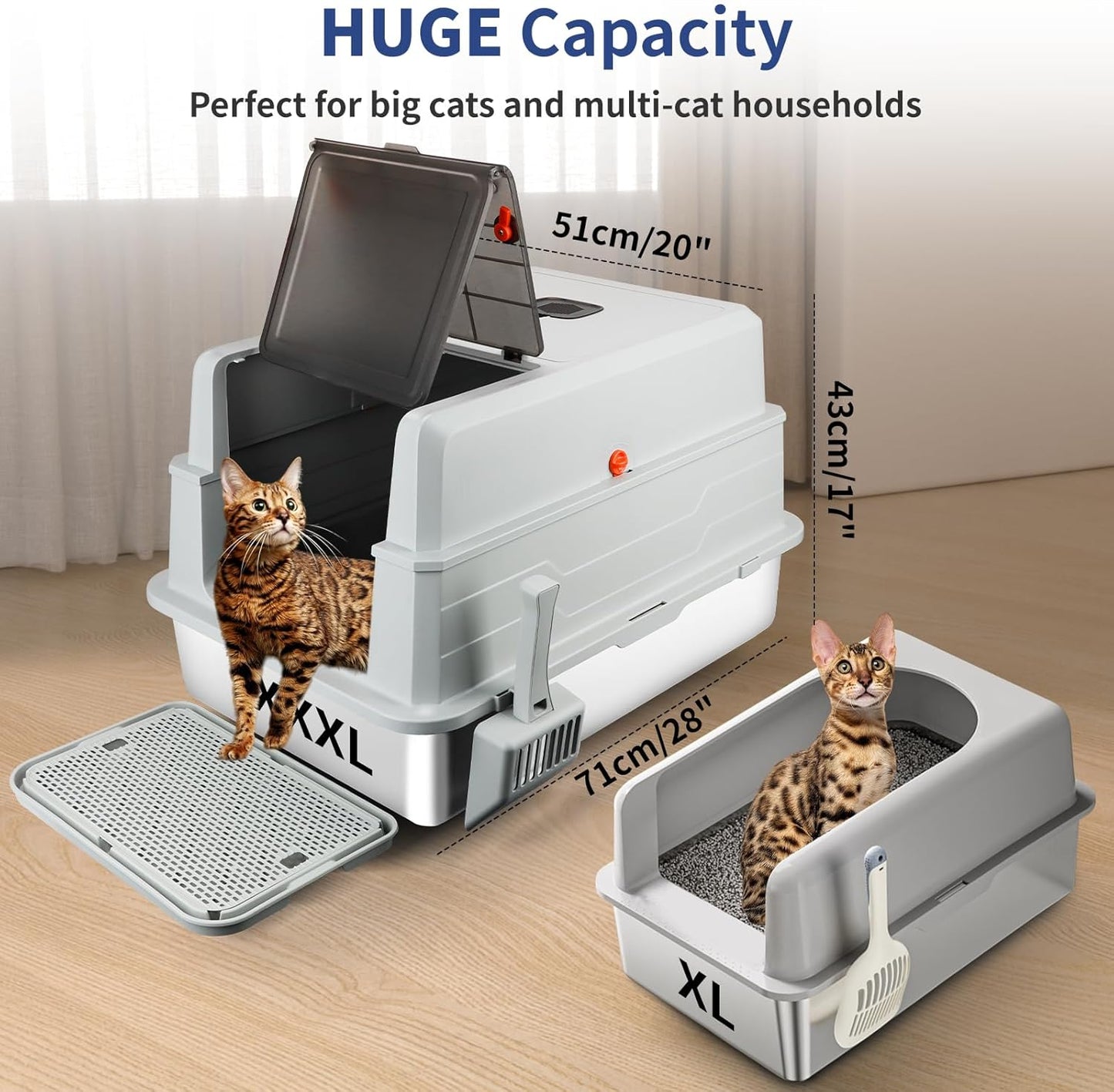 XXXL Extra Large Light Gray Stainless Steel Litter Box with Lid