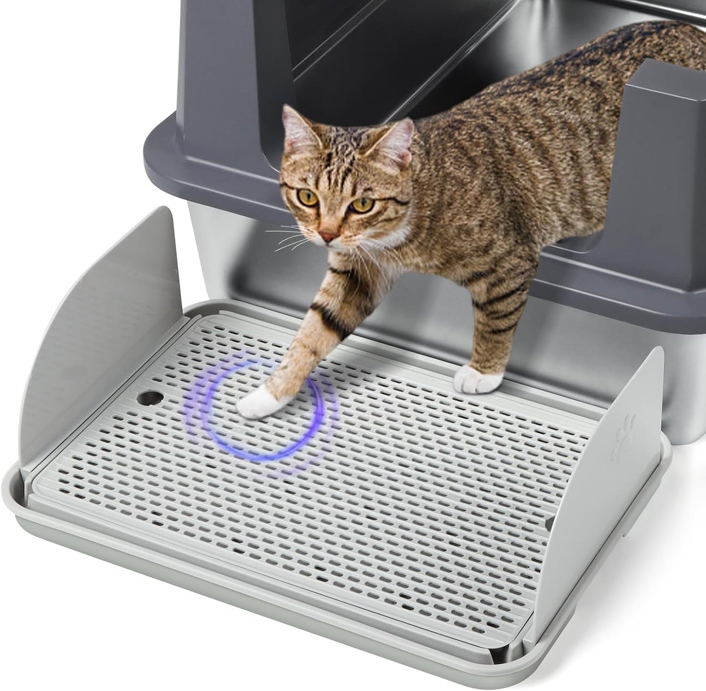 Light Gray Cat Litter Box Step with Removable Splash-Proof Baffles