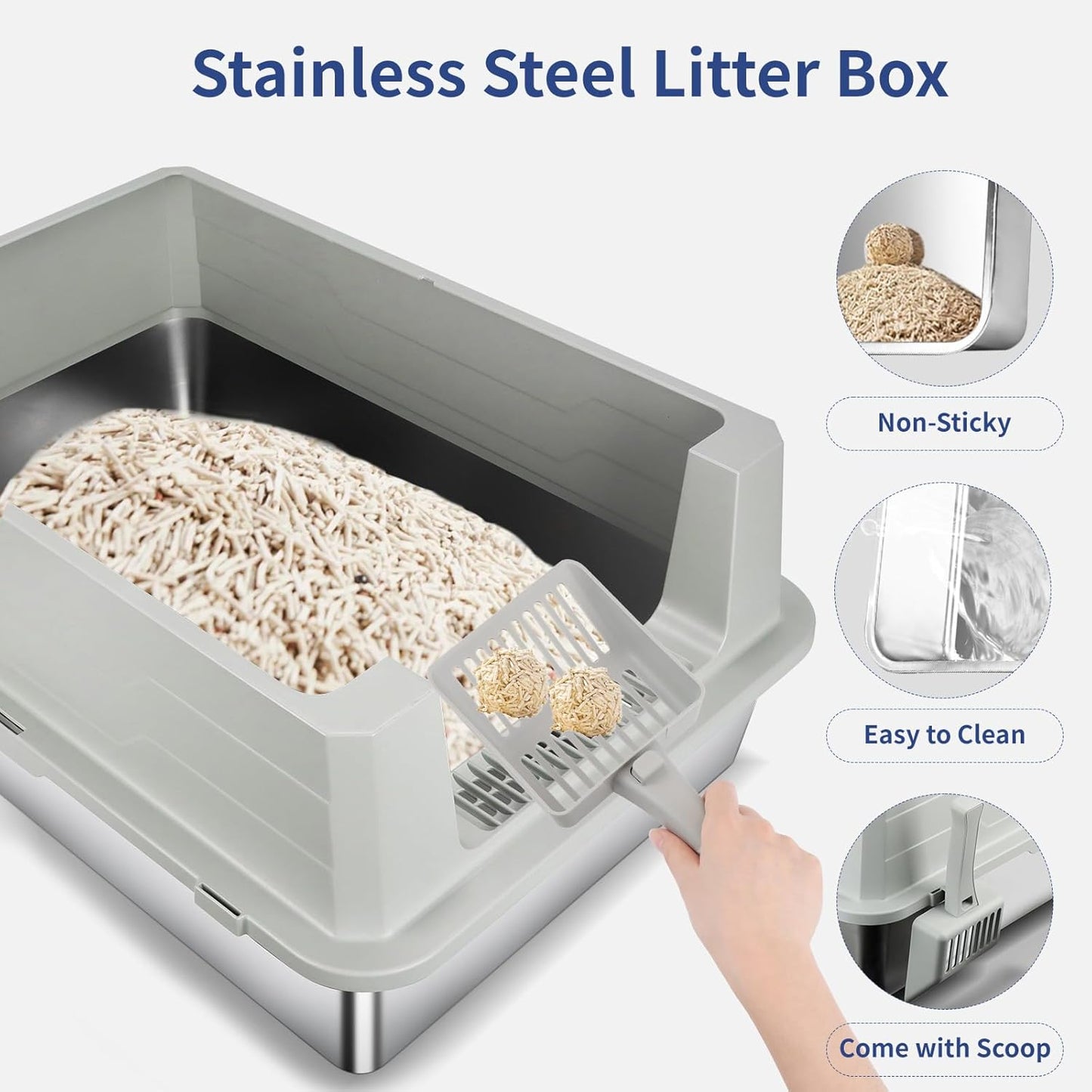 XXXL Extra Large Light Gray Stainless Steel Litter Box with Lid