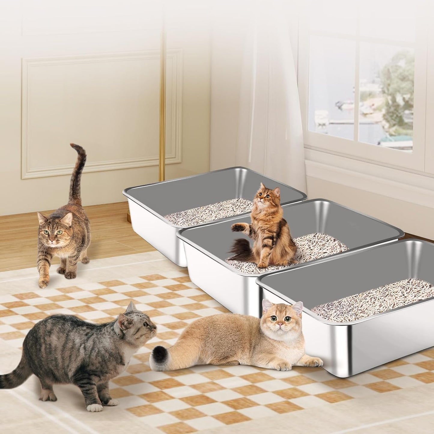 3 Pack L Metal High Sided Cat Litter Pan