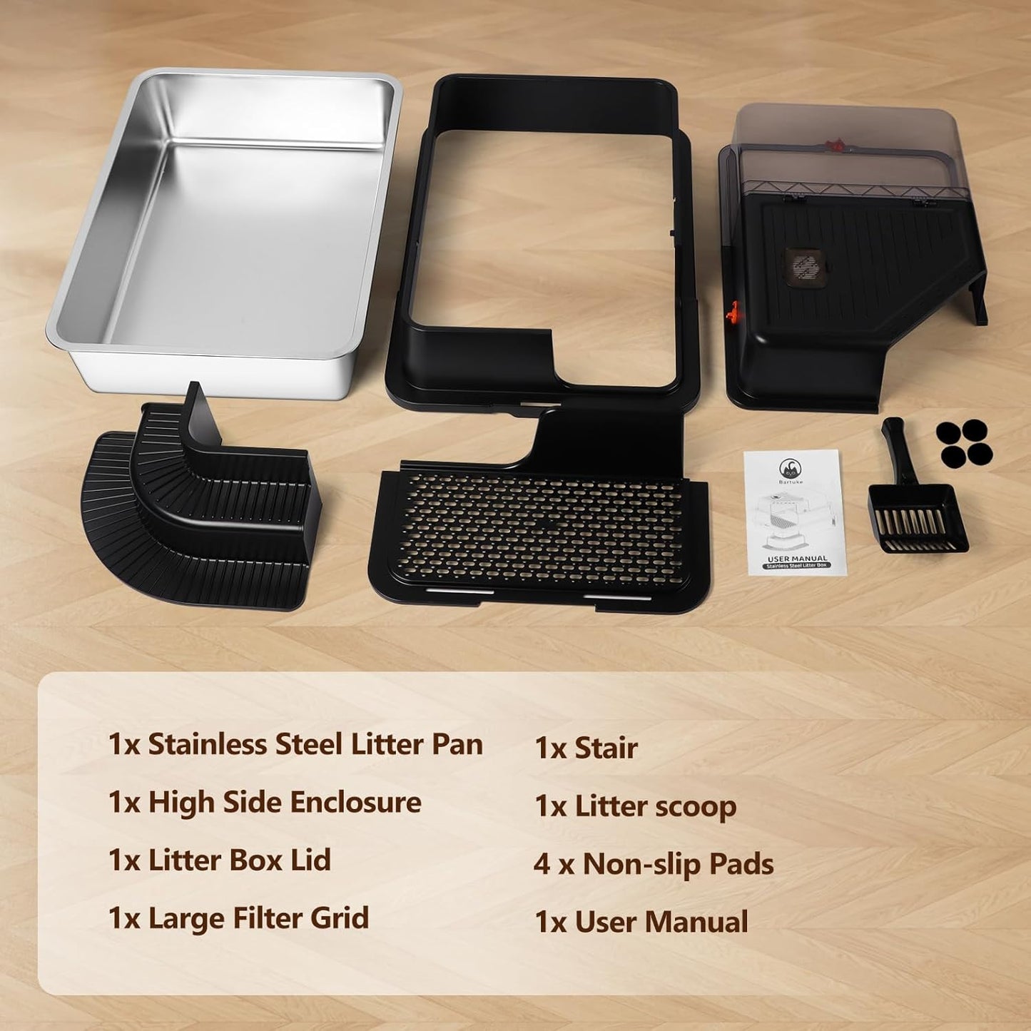 XXXL Black Fully Enclosed Stainless Steel Litter Box with Step