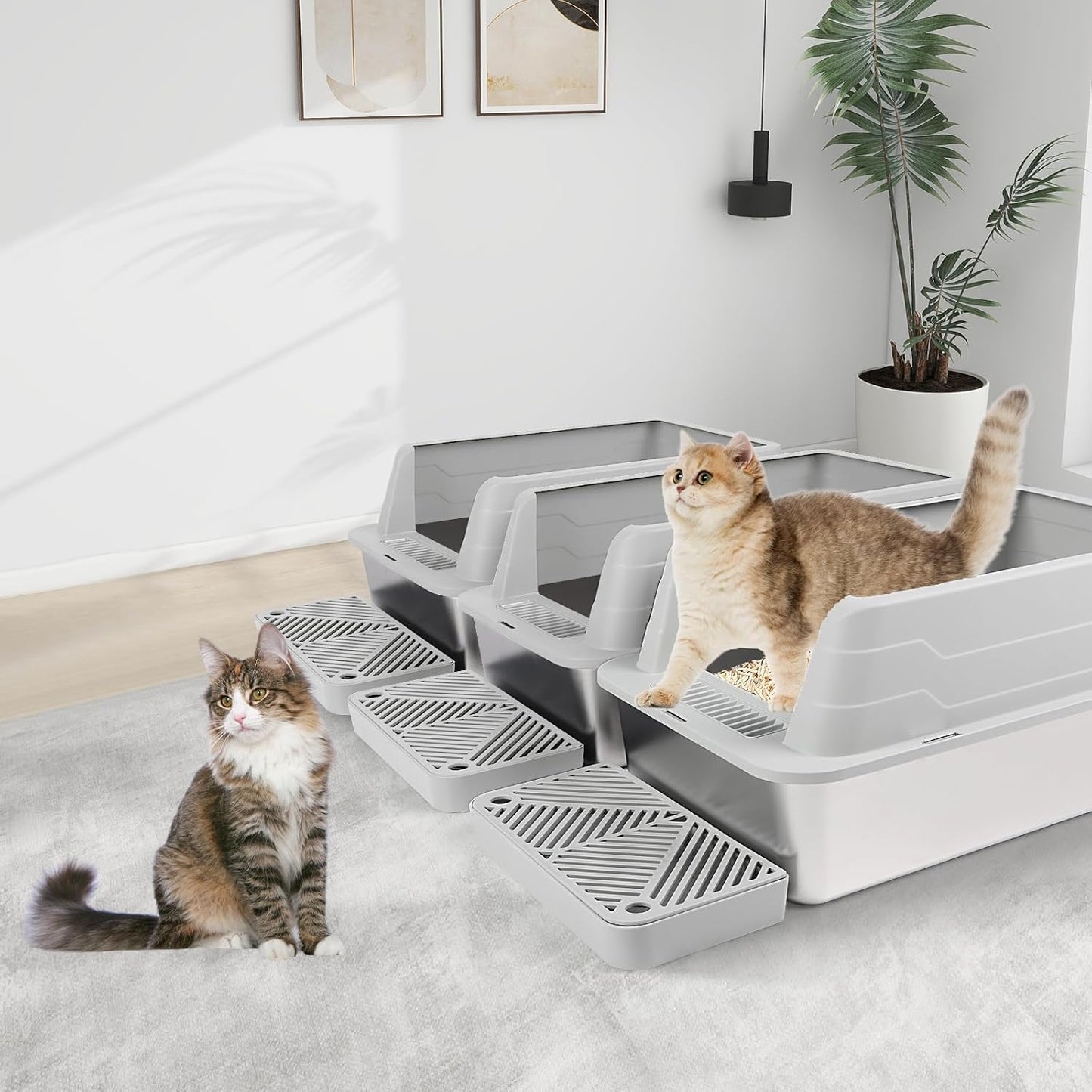 XL 3 Pack Light Gray Stainless Steel Litter Box with Filter Pedal