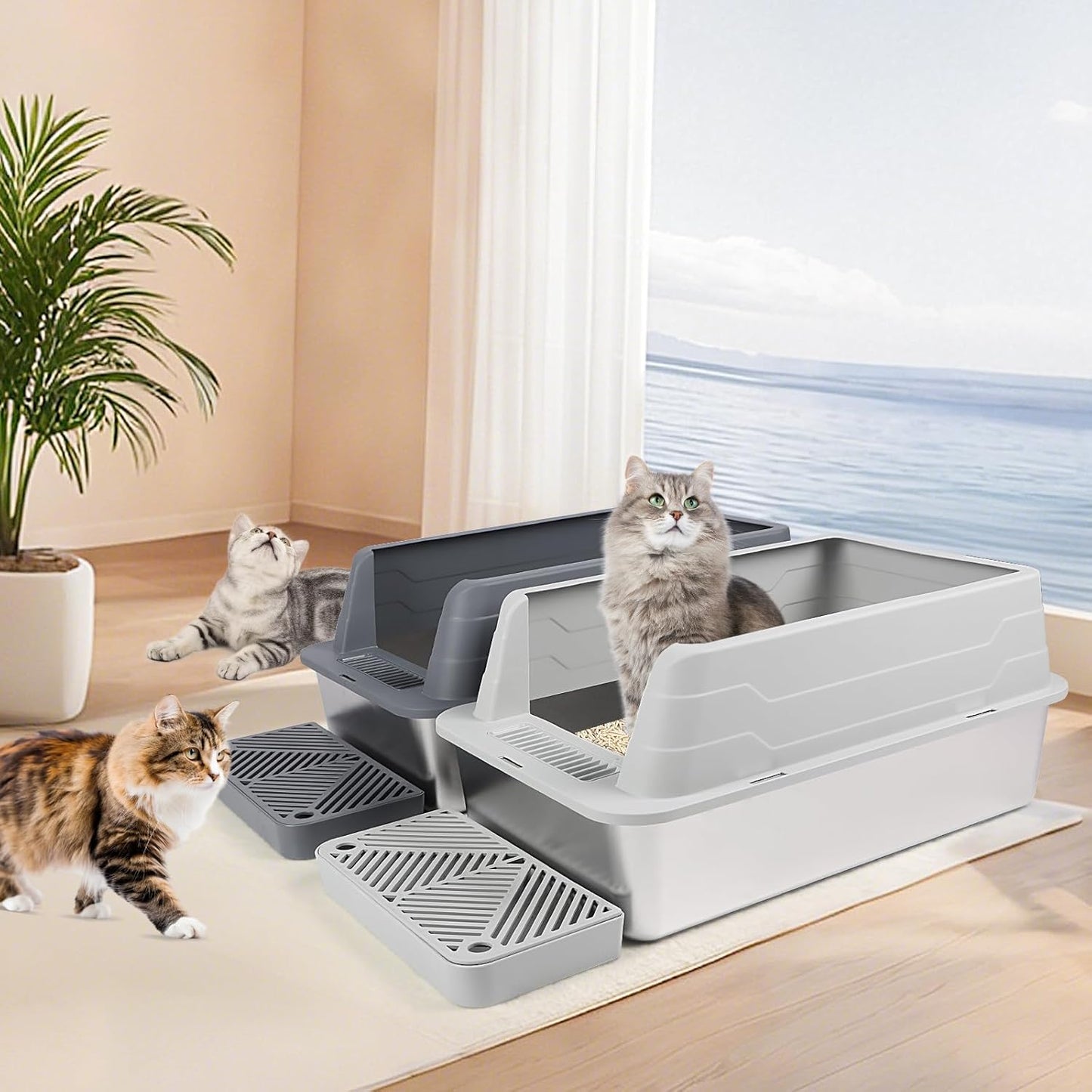 XL 2 Pack Dark&Light Gray Stainless Steel Litter Box with Filter Pedal