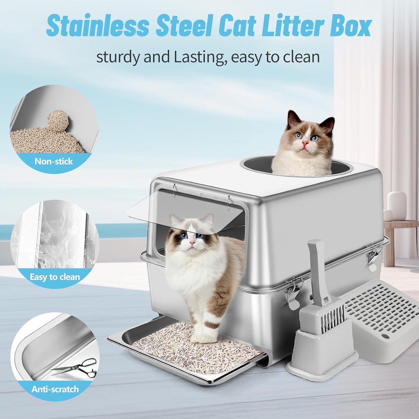 XXL Stainless Steel Litter Box with Pull-Out Drawer
