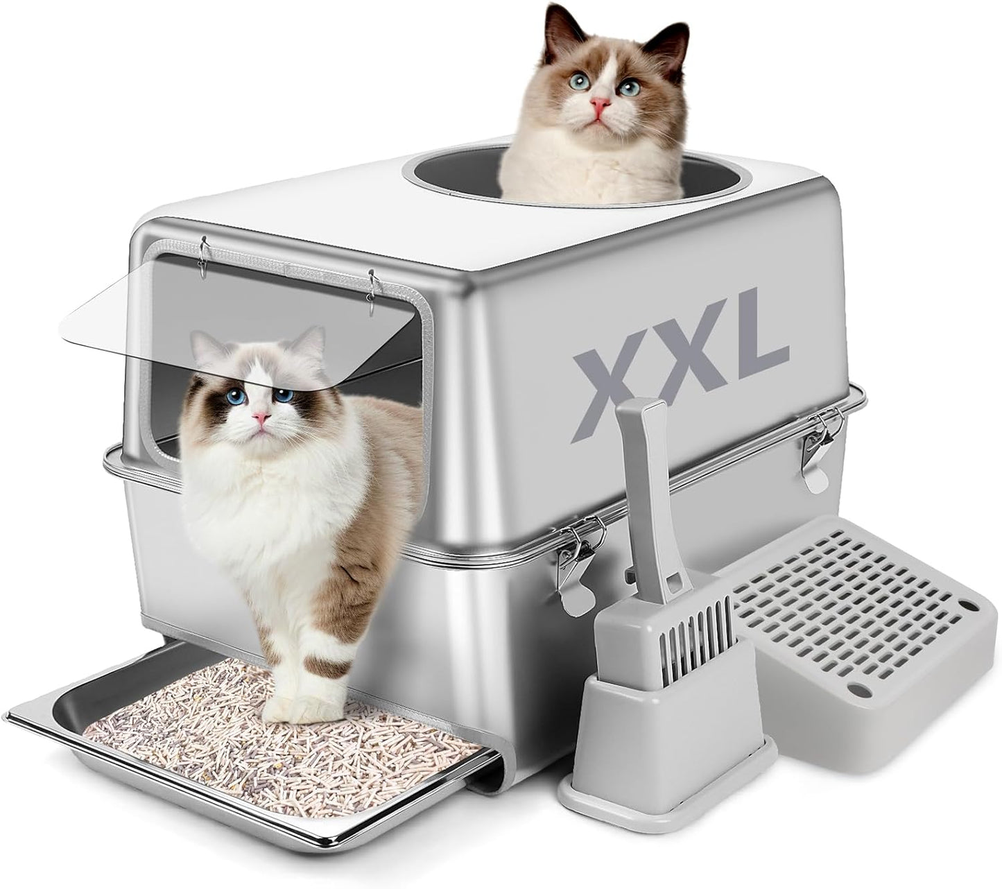 XXL Stainless Steel Litter Box with Pull-Out Drawer