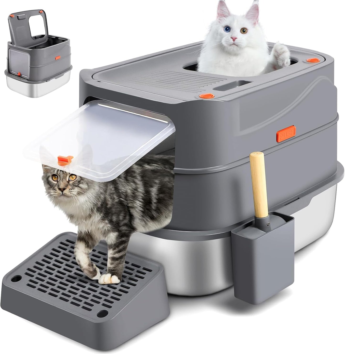 XXL Stainless Steel Litter Box with 180° Flip-Top Lid
