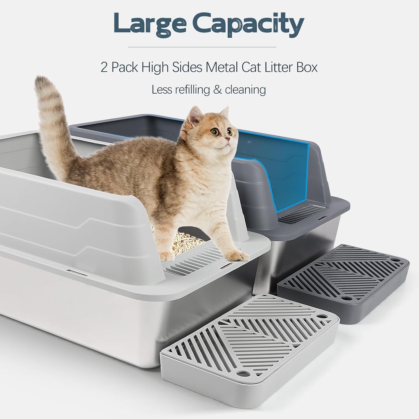 XL 2 Pack Dark&Light Gray Stainless Steel Litter Box with Filter Pedal