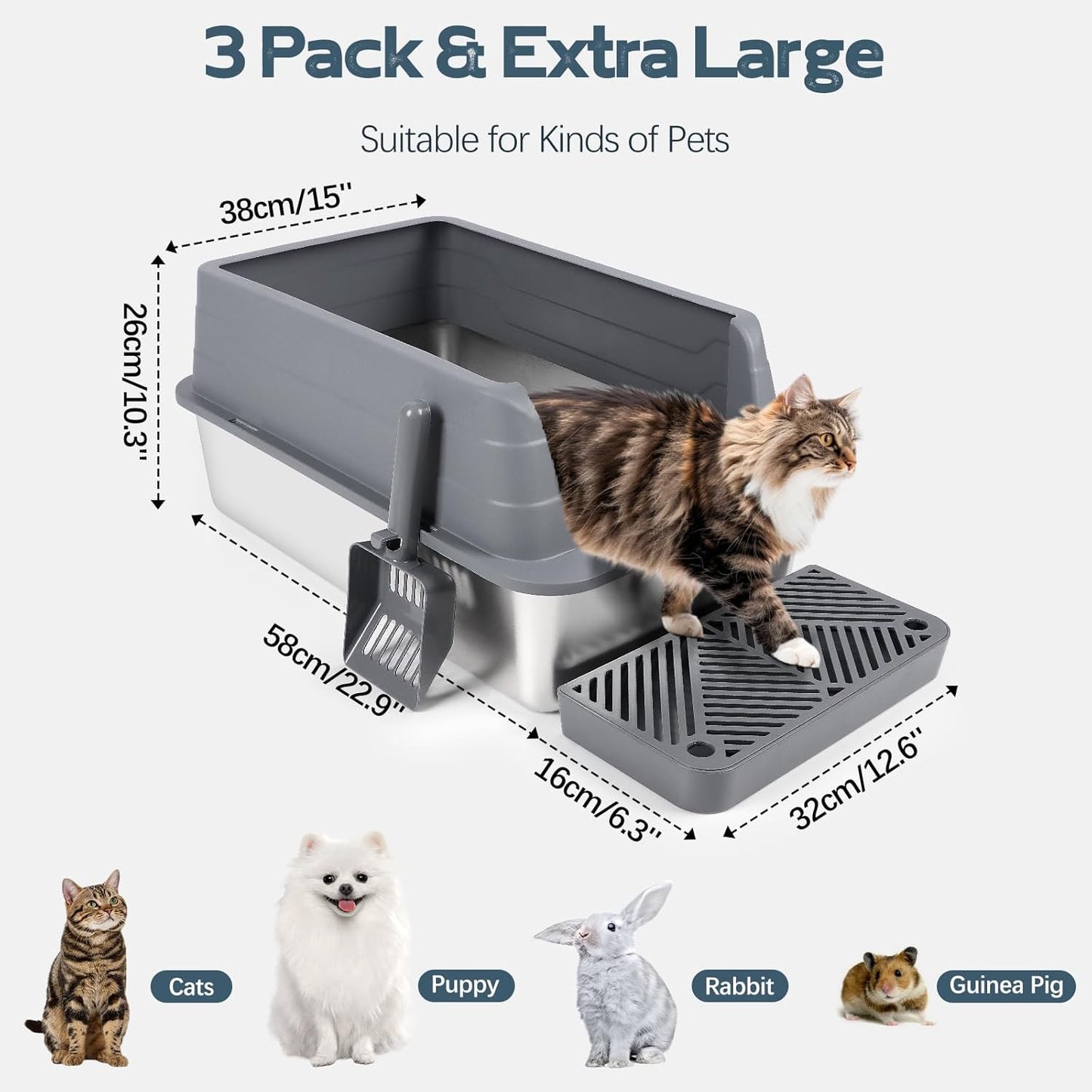 XL 3 Pack Black/Dark&Light Gray Stainless Steel Litter Box with Filter Pedal